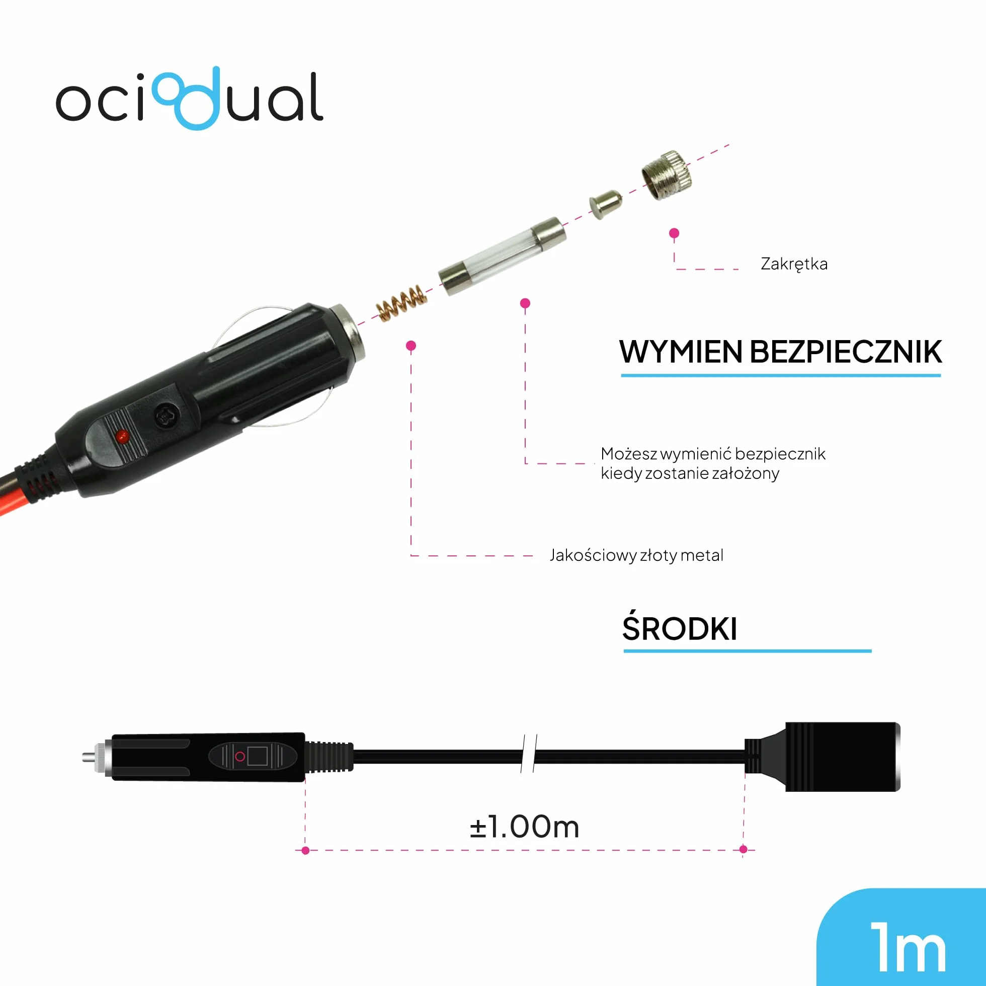 OcioDual Przedłużacz z wtyczką do gniazda zapalniczki samochodowej, 12 V / 24 V, czarny, przewód, przedłużacz do samochodów osobowych, ciężarowych i innych pojazdów
