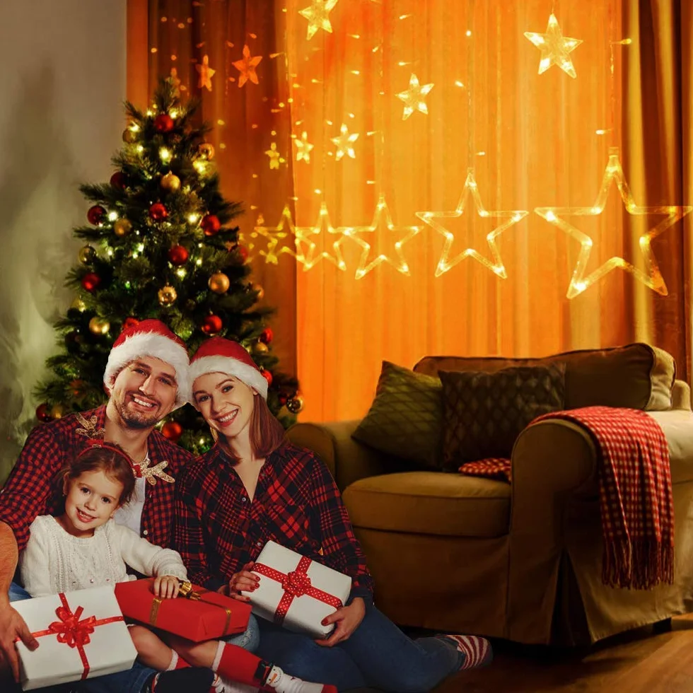 Dekoracja kurtyny świetlnej, 12 gwiazdek 108 diod LED 2,5 m, lampki świetlne LED, oświetlenie bożonarodzeniowe, zasilanie bateryjne (brak w zestawie), dekoracja wnętrz na wesele, do domu, choinki
