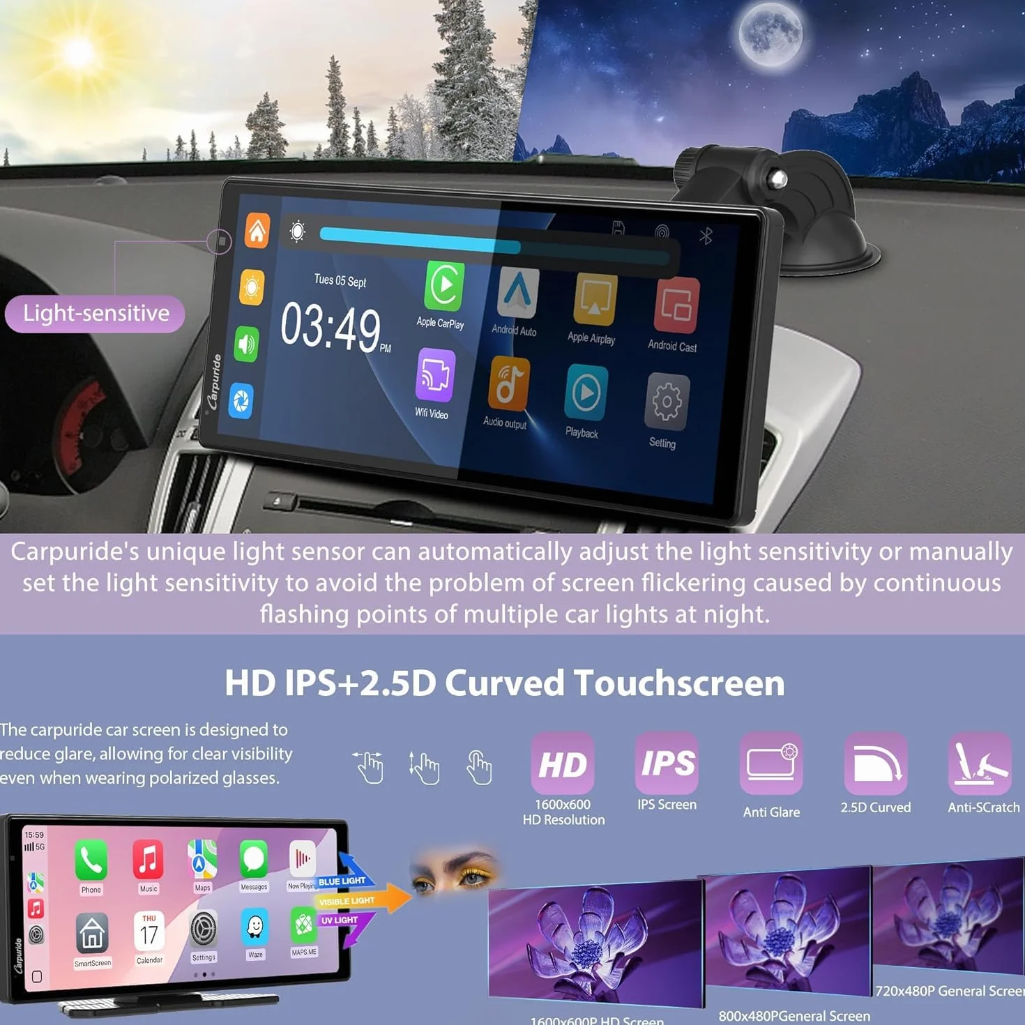 Carpuride Wireless Carplay i Android Auto z kamerą samochodową - 10,26-calowy ekran dotykowy HD IPS Car Play do samochodu, kamera przednia 4K i tylna 1080P, nagrywanie w pętli, dźwięk Bluetooth
