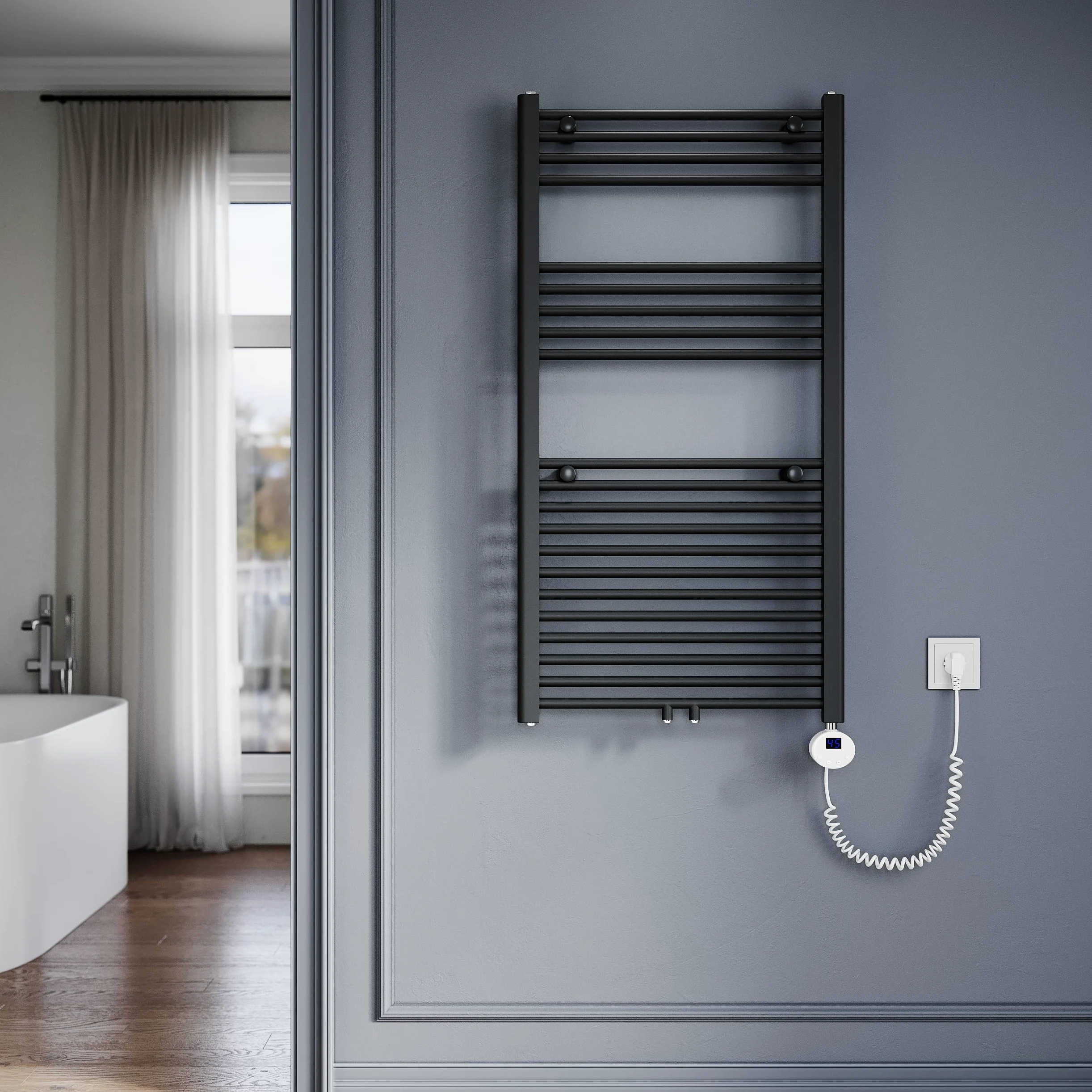 SONNI Grzejnik łazienkowy elektryczny z termostatem, 1150 x 600 mm, antracyt, suszarka na ręczniki, przyłącze środkowe, owalny, ogrzewacz do łazienki, ogrzewania, 600 W