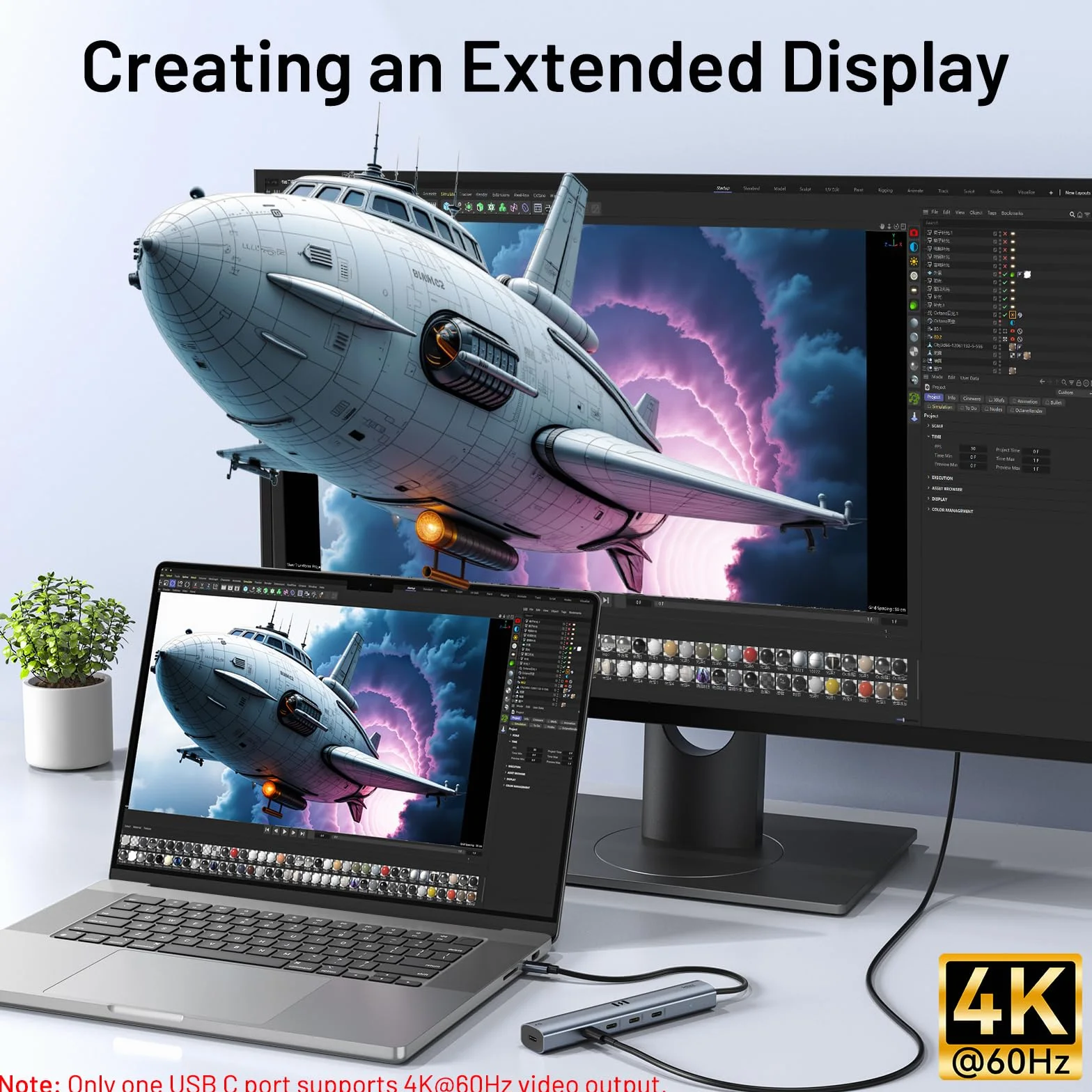 Koncentrator wideo USB C, typ C, 10 Gb/s, 5 w 1, koncentrator USB C, adapter z wyświetlaczem USB C 4K, 60 Hz i 10 Gb/s, 3 porty danych USB 3.1 Gen2, 100 W PD do MacBooka Pro/Air M2 M1, Dell, HP