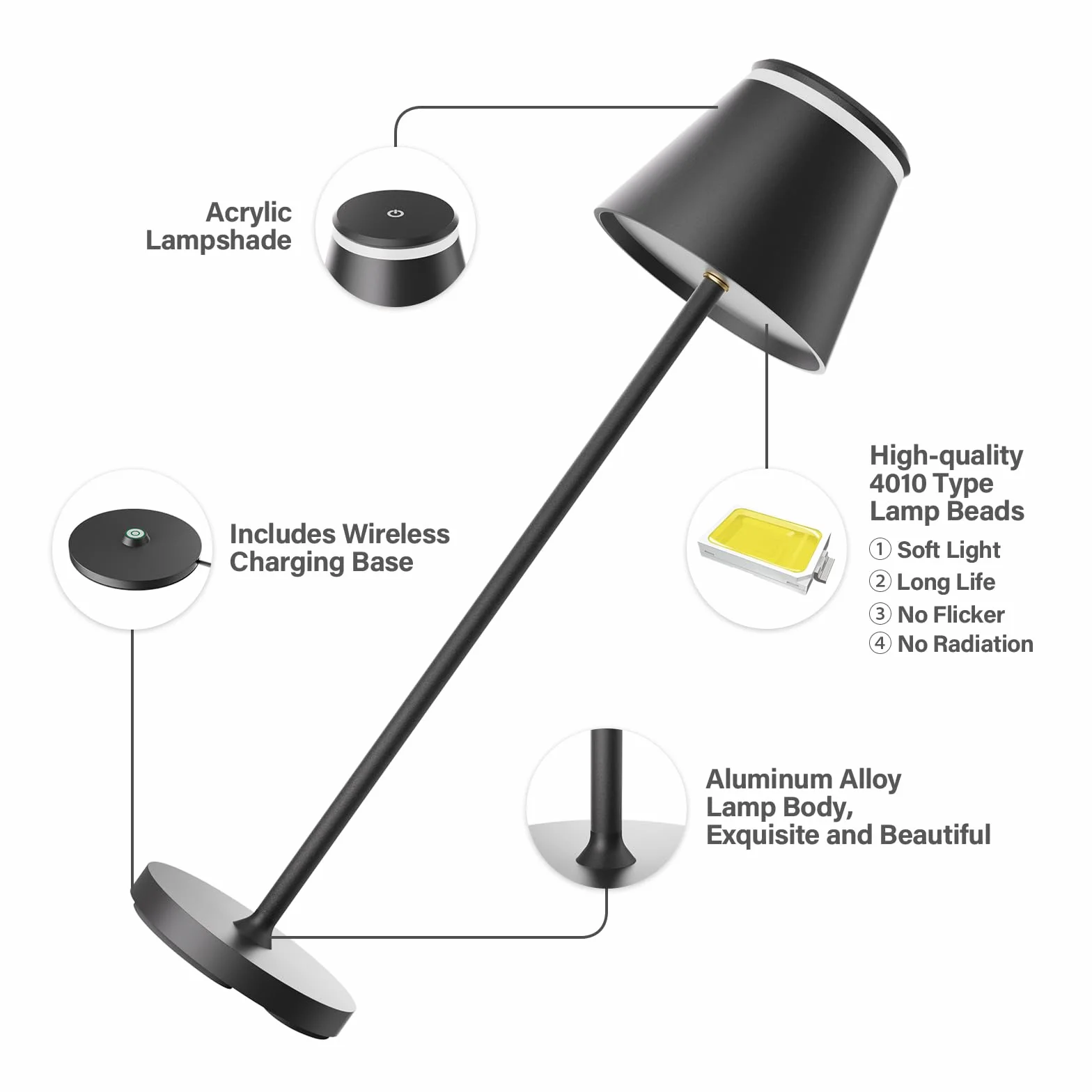 Neoglint Ściemniana lampa stołowa LED, ze stacją ładującą USB, obsługuje typ C, bezprzewodowa, sterowanie dotykowe, z pilotem zdalnego sterowania, IP54,3 regulacja jasności barwowej, czarna