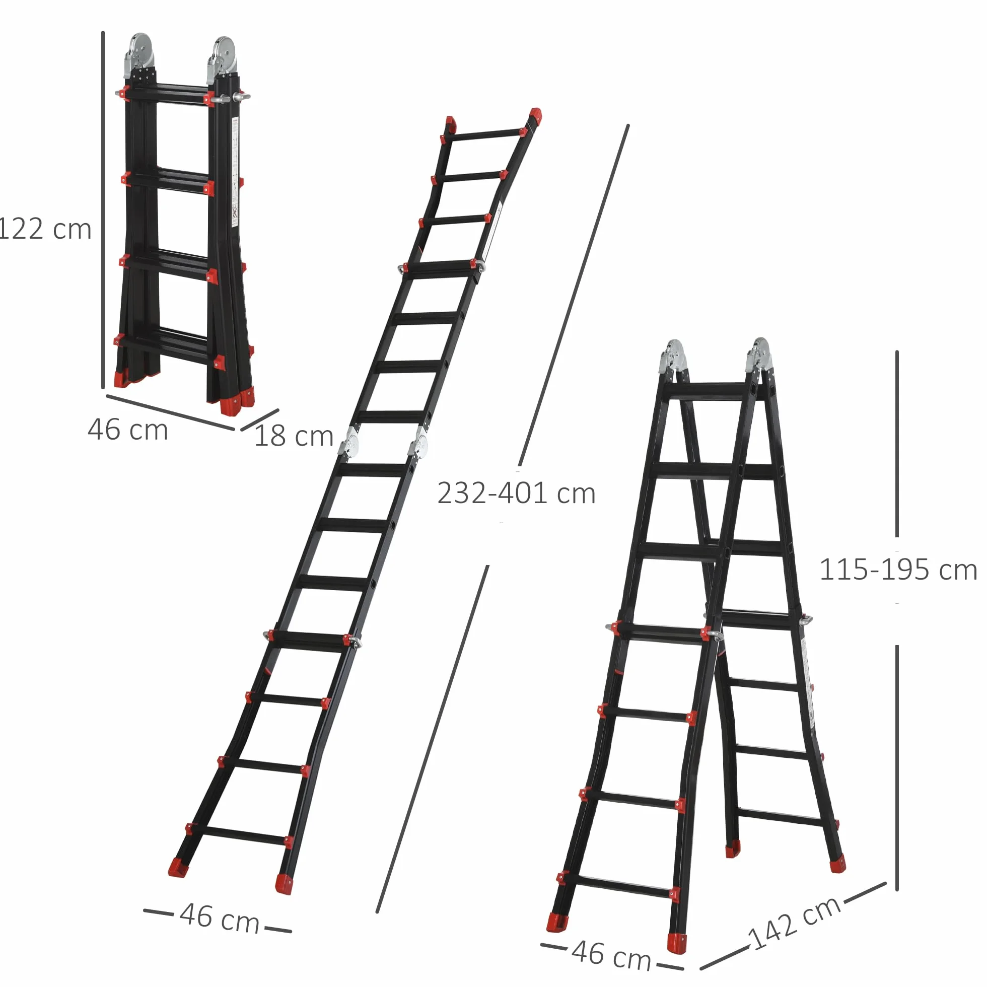 HOMCOM Teleskopowa drabina składana, drabina aluminiowa, 4 m, antypoślizgowa drabina aluminiowa, rama A, teleskopowa drabina wysuwana, obciążenie do 150 kg