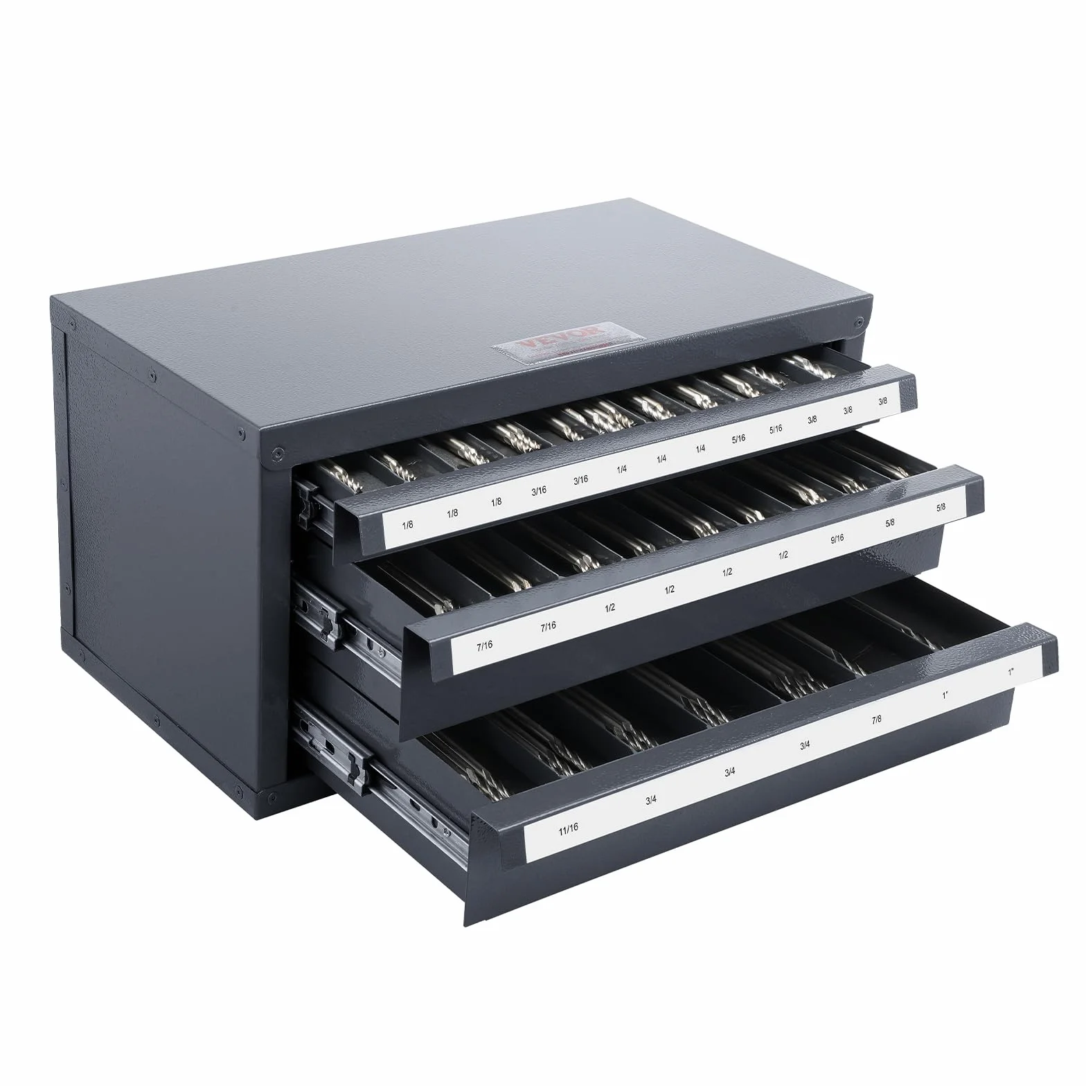 VEVOR Szafka z dozownikiem frezów trzpieniowych, szafka z trzema szufladami, organizer na frezy 1/20.3 cm do 2.5 cm, stalowy organizer z etykietami, 29-komorowy do układania w stos, do przechowywania