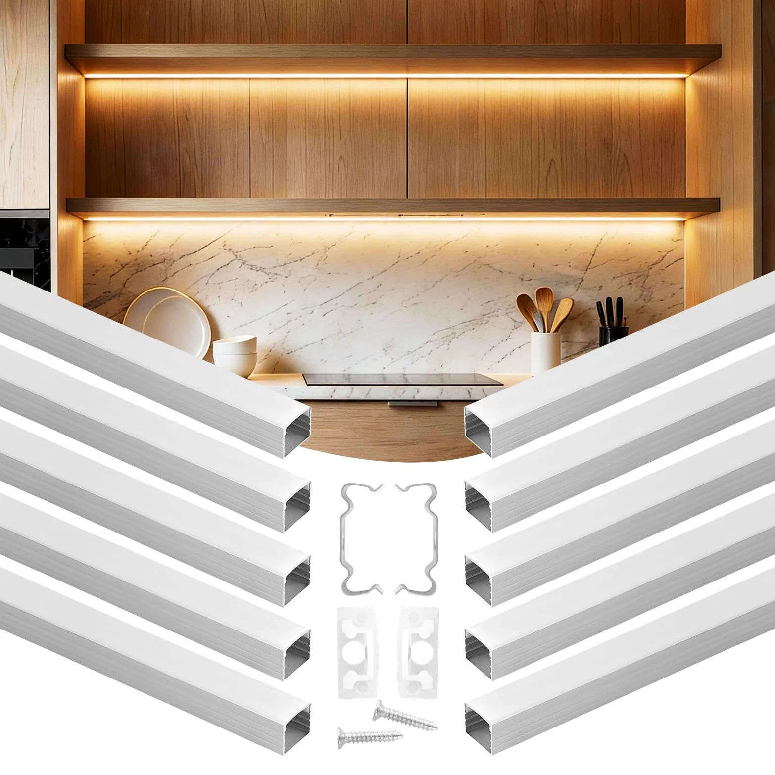 VEVOR Profil aluminiowy do taśmy LED 2 metry, opakowanie 10 sztuk, rynny LED w kształcie litery U, z opalnym dyfuzorem i klipsami montażowymi, do sypialni kuchni salonu