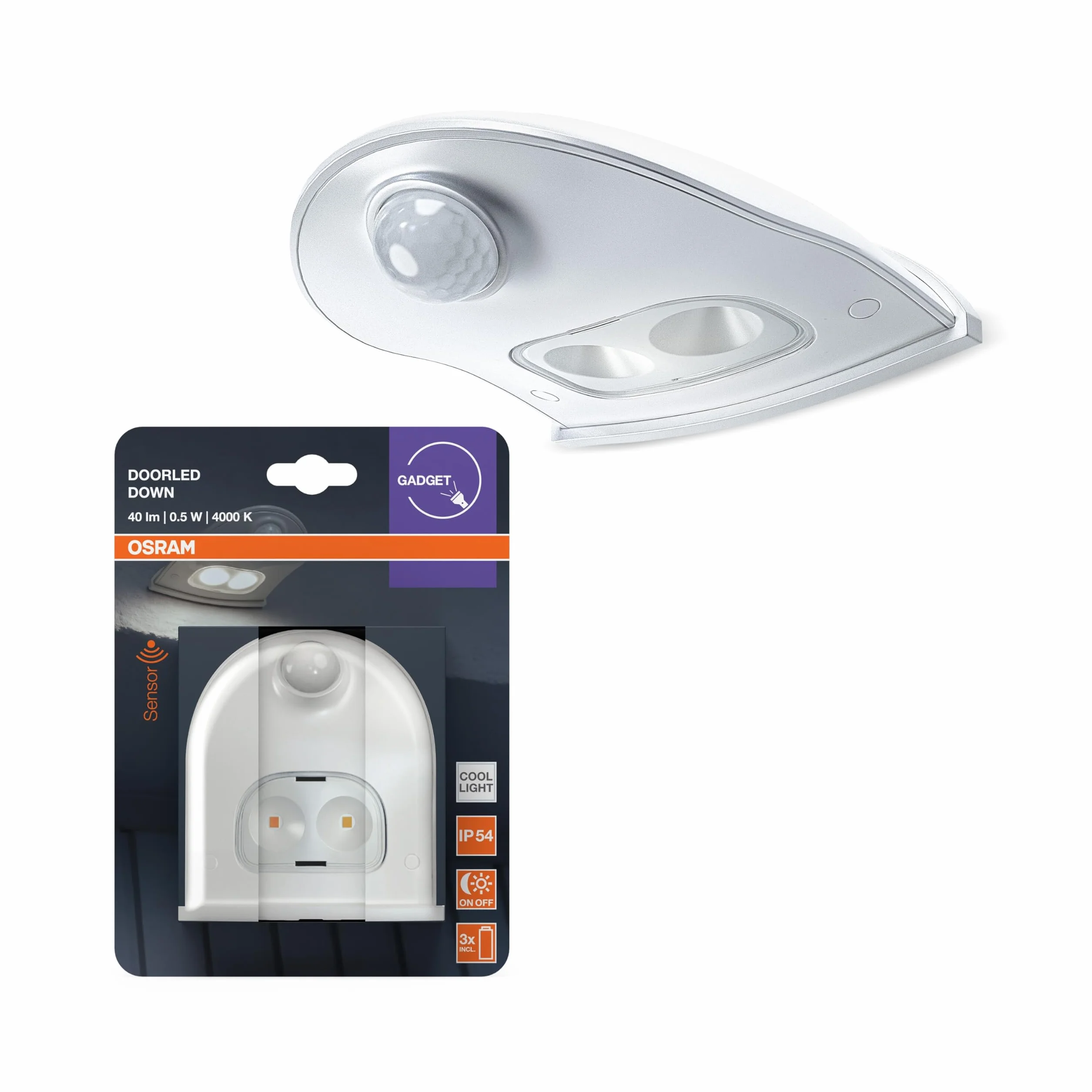OSRAM Lampa do drzwi z czujnikiem ruchu, zasilana bateryjnie, 4000K, 40lm, 0,95W, IP54, biała, światło skierowane w dół, do stref wejściowych