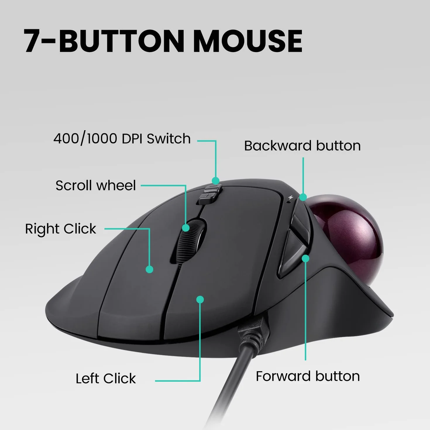 Perixx PERIMICE-517 ergonomiczna przewodowa mysz USB Trackball 34mm 7 przycisków 400/1000 DPI