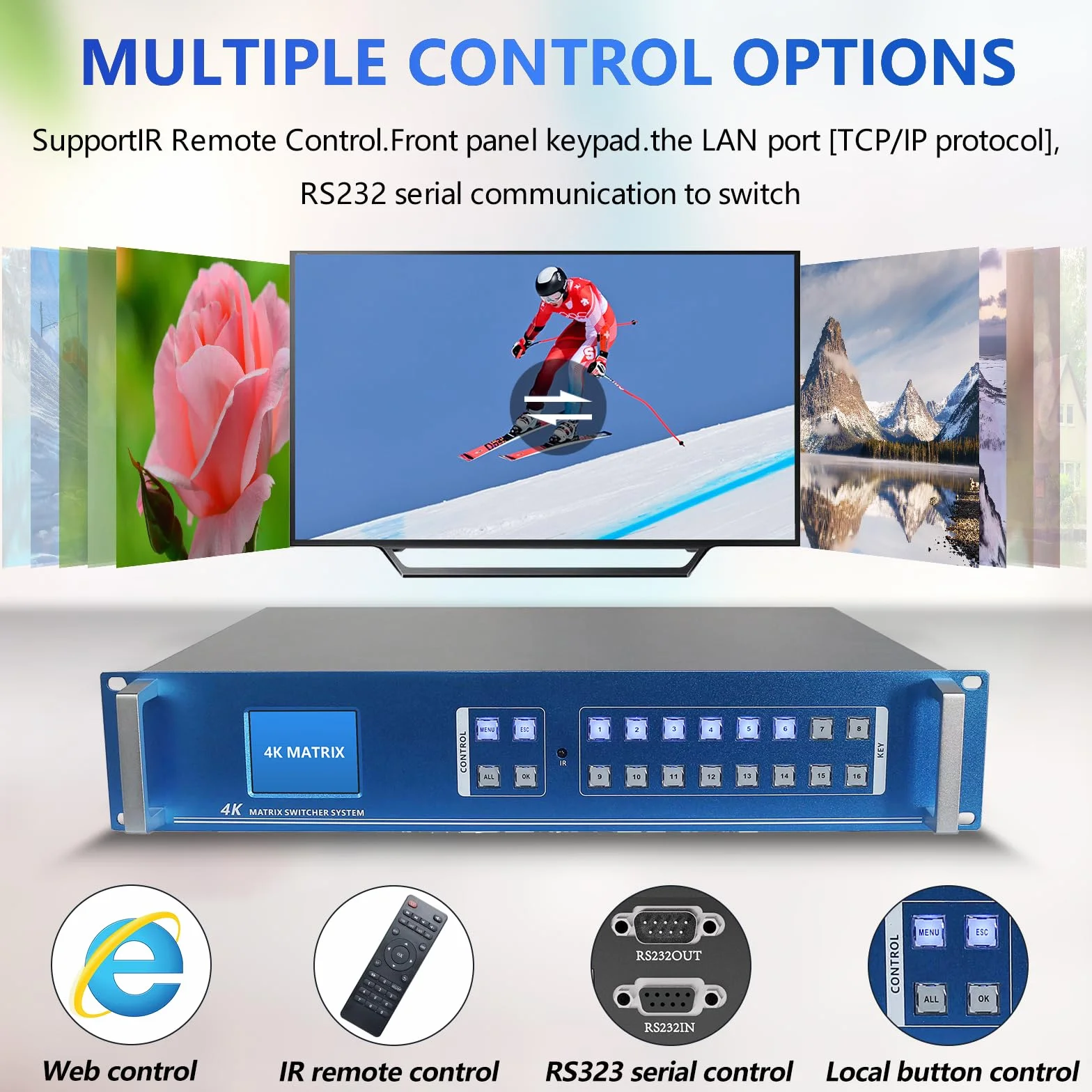 ICUIXIAN Przełącznik matrycowy 4K HDMI 8 x 8 z wejściem GUI + LAN + sterowaniem Rs232, przełącznik i rozdzielacz matrycy Rackmount HDMI 8 x 8 4K 30 Hz HDCP, EDID, podświetlane przyciski (8 wejść, 8