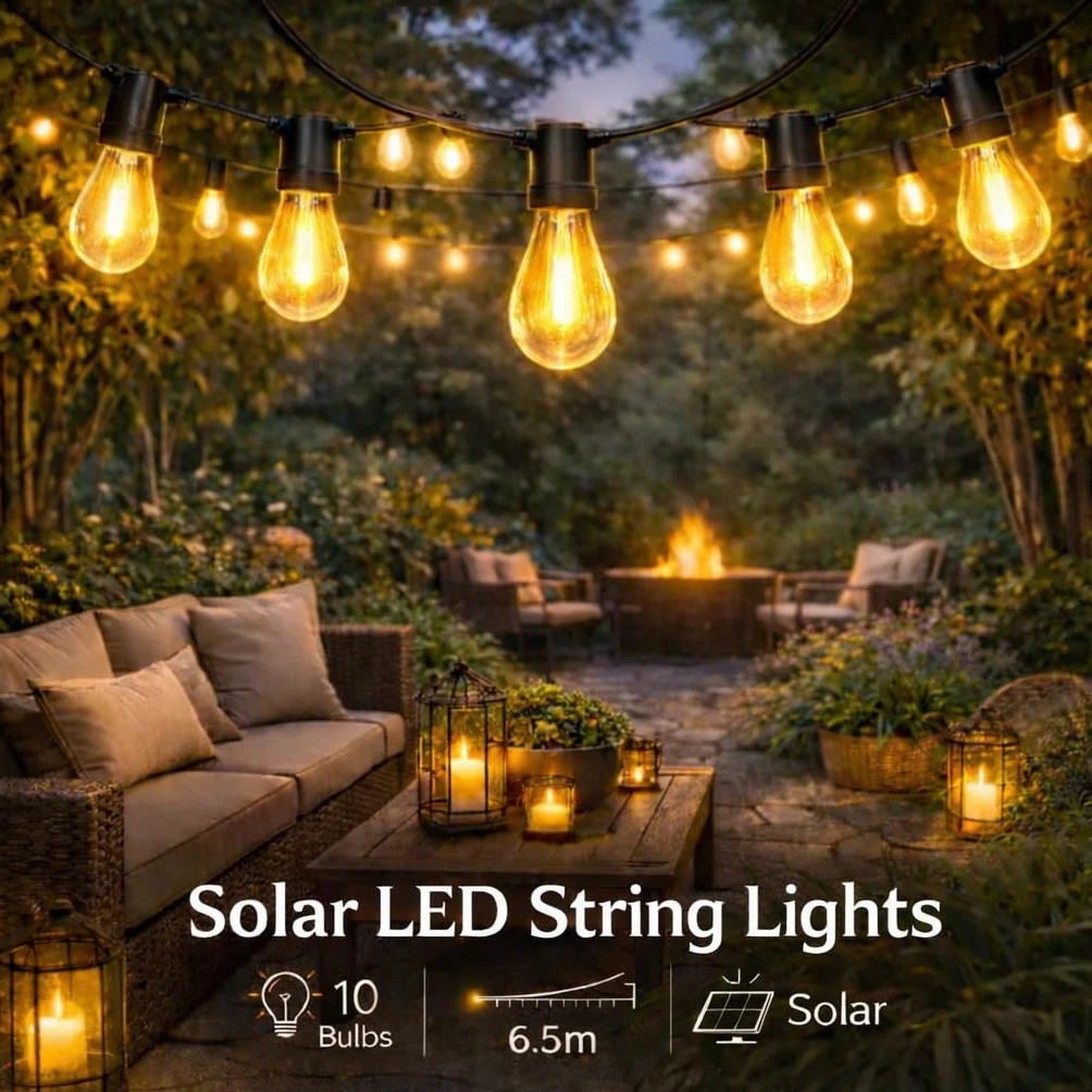 M mimotec - Zewnętrzny łańcuch solarny LED 6,5 m, ciepłe światło 2700 K, 10 żarówek, IP54 wodoodporny, dekoracja ogrodu, patio, fasada, taras
