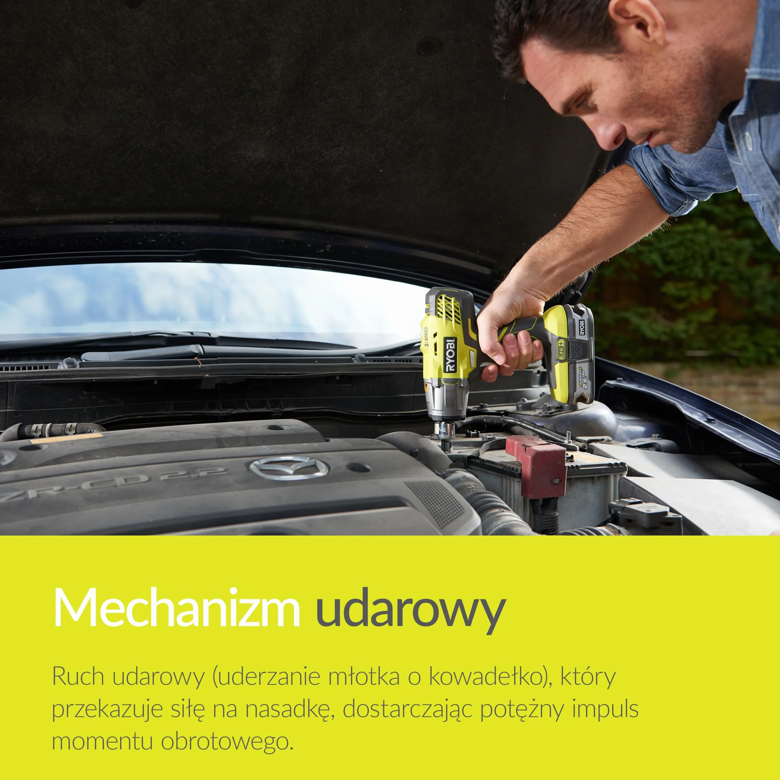 Ryobi Akumulatorowy Klucz Udarowy R18IW3-0, 18 V, 400 Nm, Uchwyt 1/2", 3 Ustawienia Prędkości, Światło LED