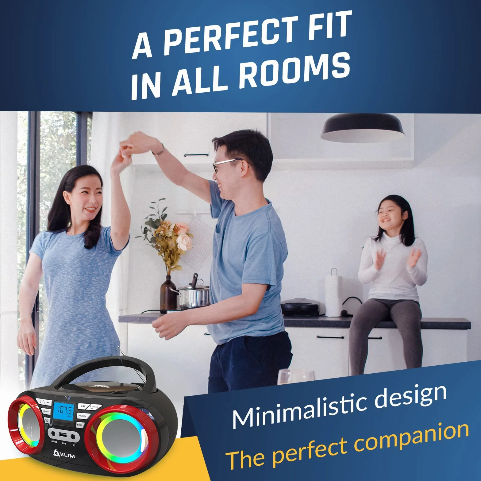KLIM Boombox B3 Przenośny Odtwarzacz CD - Nowość 2024 - Radio FM, Bluetooth, USB, MP3, Tryb Przewodowy i Bezprzewodowy z Bateriami do Ładowania, Obiektyw Laserowy