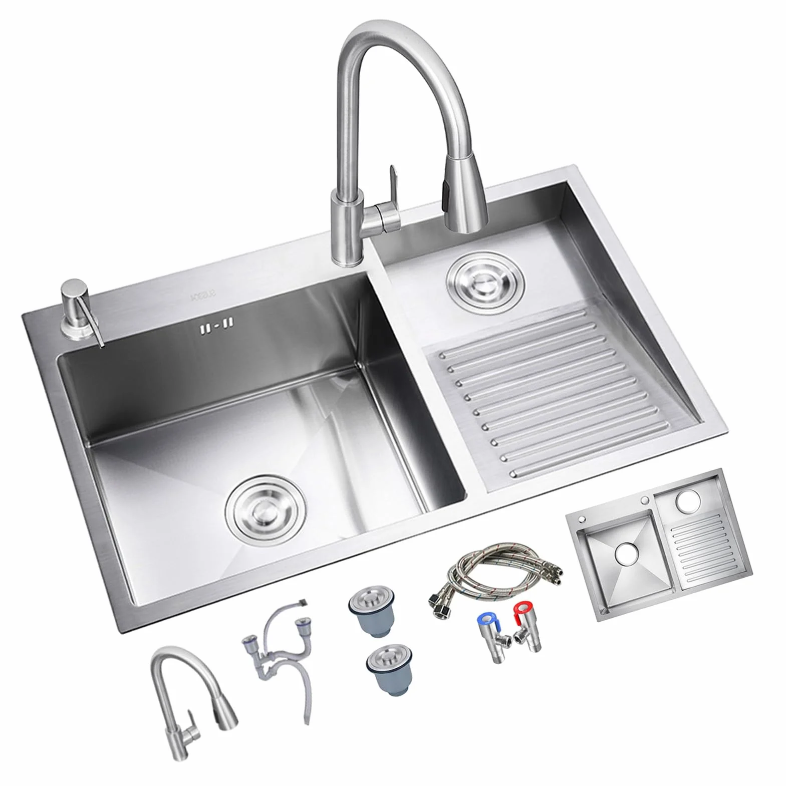 Bathroom Double Bowl Laundry Sink,Household Stainless Steel Laundry Sink,Wash Basin With Washboard,Pull-out Faucet,Easy To Clean (Color : Right, S : 80x48x22cm)