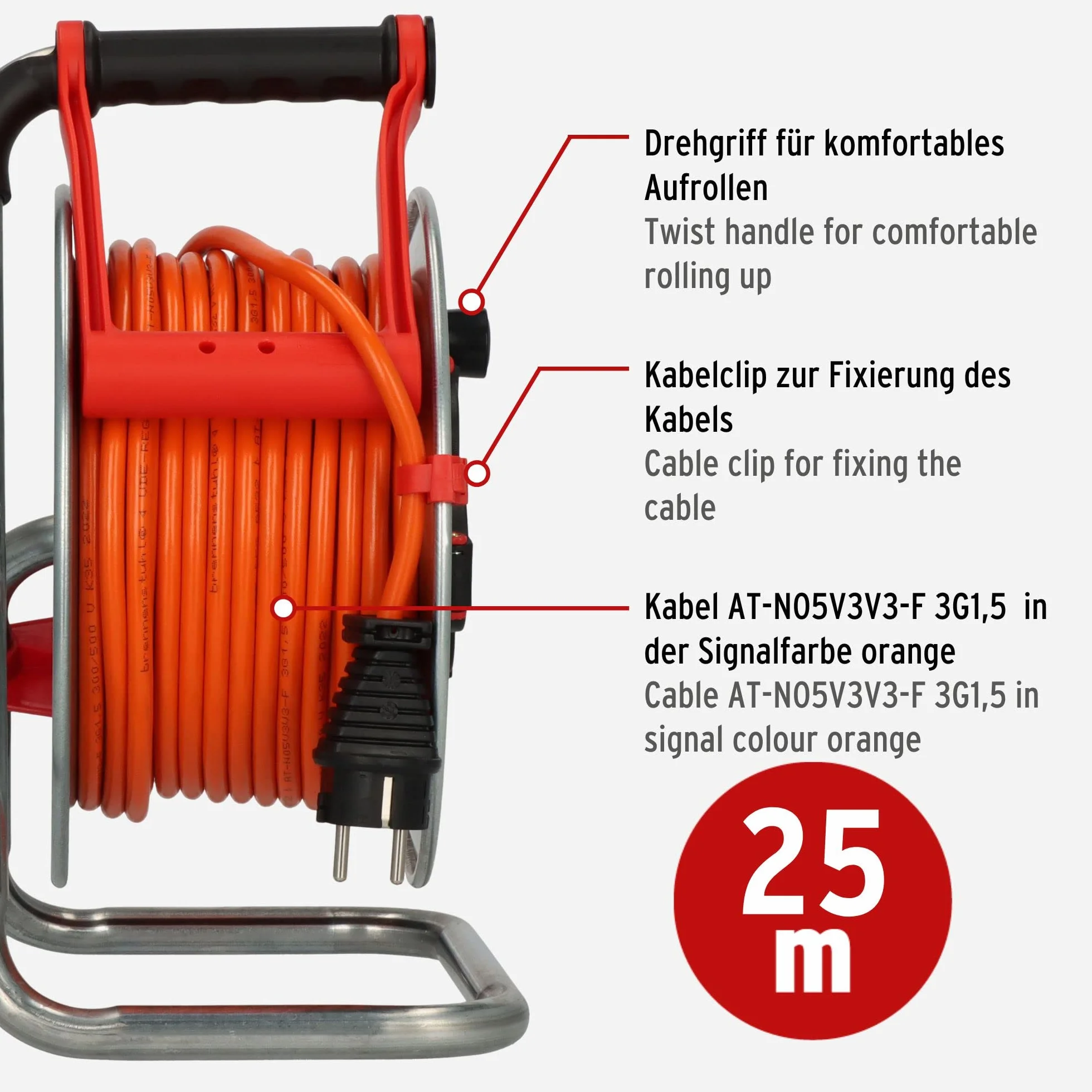 Brennenstuhl Garant S V2 bęben kablowy IP44, 25 m, do użytku na zewnątrz (wyprodukowano w Niemczech, kabel w kolorze sygnałowym, pomarańczowy, blacha stalowa, krótkotrwałe zastosowanie na zewnątrz)