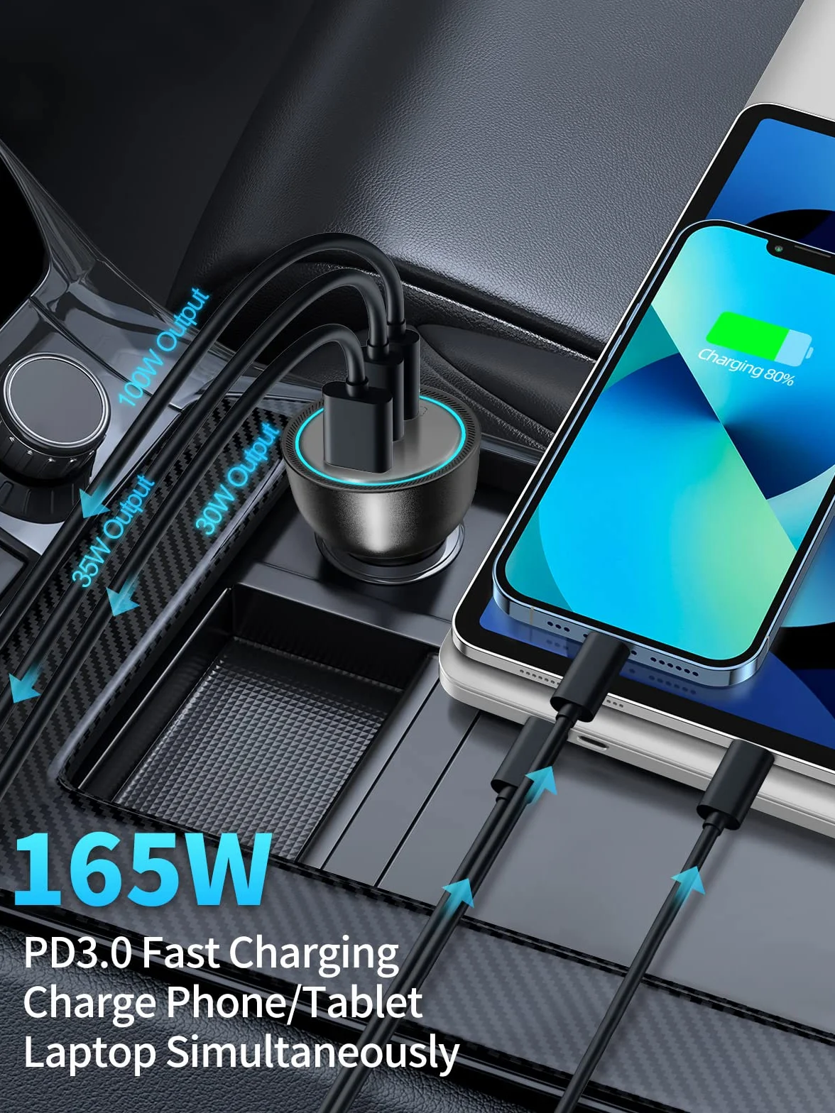 Rocoren Ładowarka samochodowa USB-C 165 W 3 porty PD3.1 QC5.0 do iPhone 15/14/13 Samsung Galaxy S24/23 Xiaomi MacBook iPad