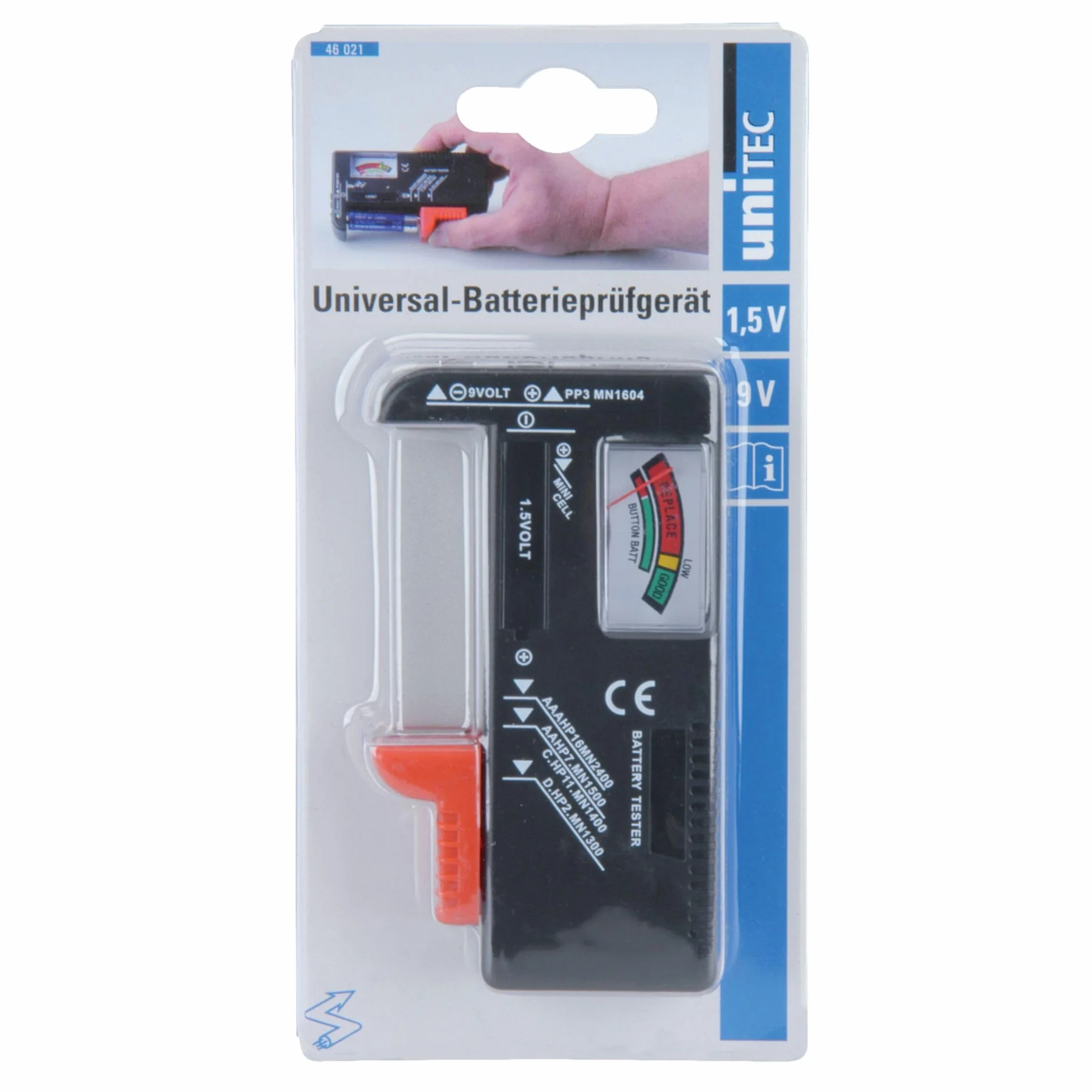 UNITEC 46021 uniwersalny tester baterii 1,5 V/9 V, czarny