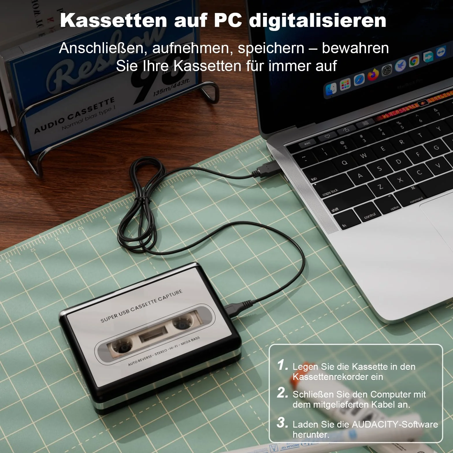 Reshow Nagrywarka kasetowa – przenośny magnetofon do nagrywania plików audio MP3 przez USB – konwertuje kasety do iPoda – kompatybilny z laptopami i komputerami w formacie srebrnym