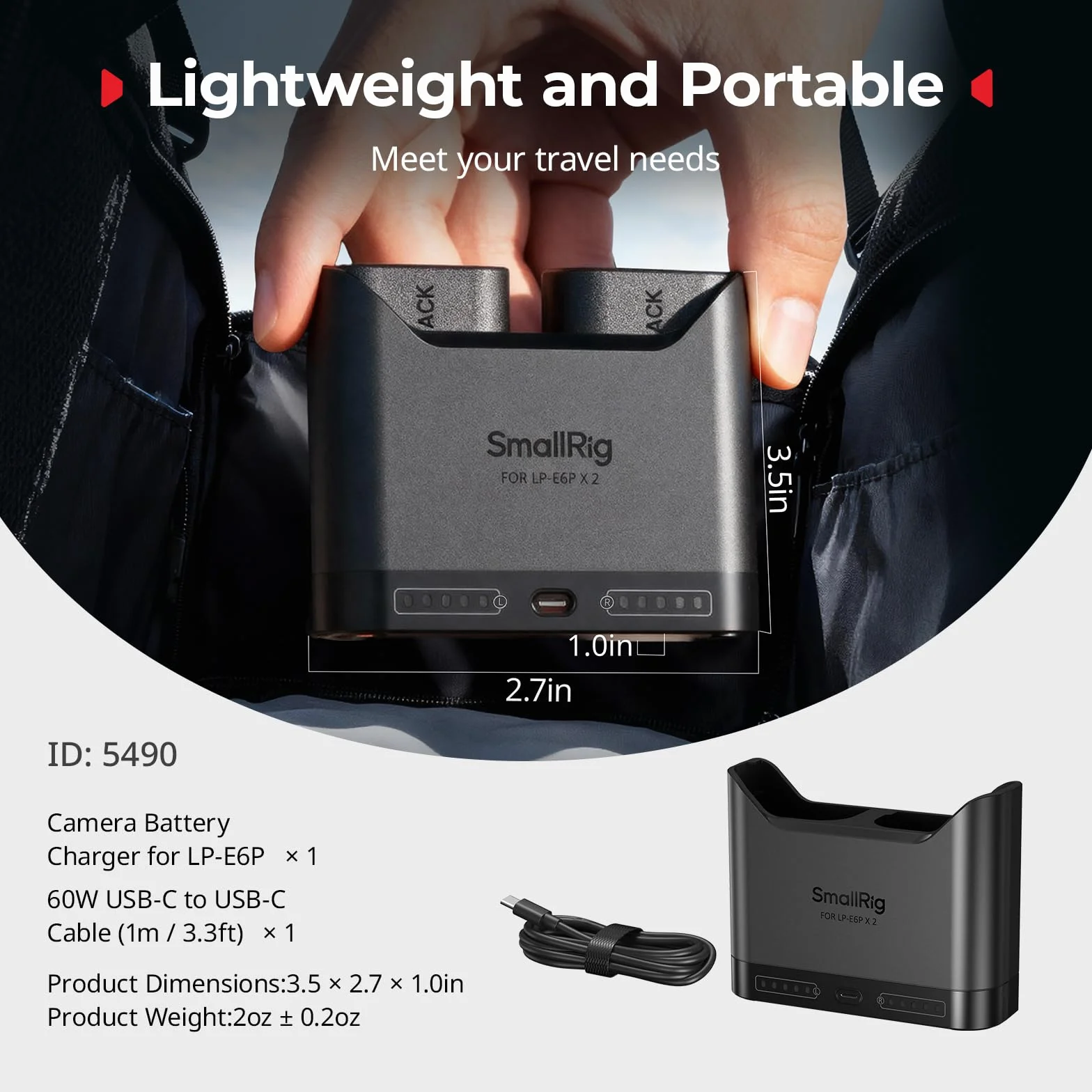 SMALLRIG Ładowarka akumulatorów LP-E6P LP-E6NH LP-E6N LP-E6 do Canon, 2-godzinna ładowarka z dwoma gniazdami i portem USB-C 22,5 W, w pełni kompatybilna z aparatami EOS R5 II, R6 II R5, R6, R7-5490