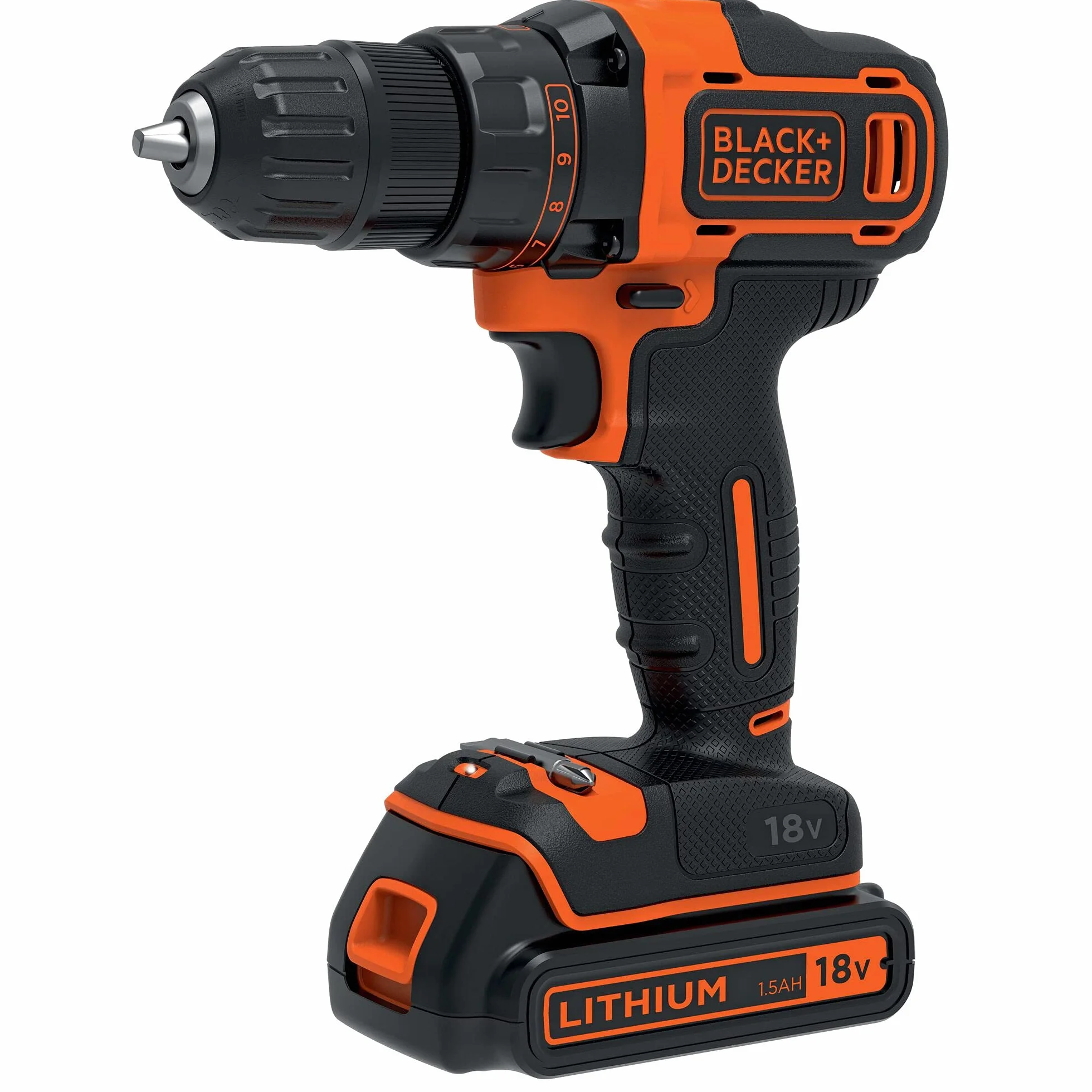 Black+Decker Wiertarko-wkrętarka akumulatorowa, wiertarka z 2-biegową przekładnią (18 V, 1,5 Ah, w zestawie ładowarka 400 mA w walizce, z podwójnym bitem, światło robocze LED, szybkozaciskowy uchwyt