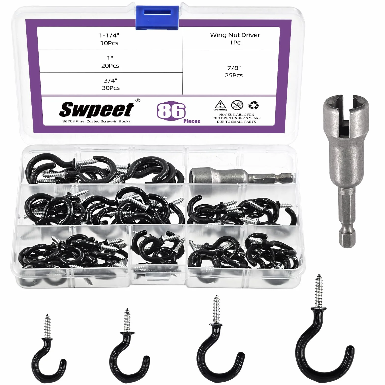 Swpeet 86 szt. 4 rozmiary 3/10.2 cm 7/20.3 cm 2.5 cm 1-1/10.2 cm czarne haczyki wkręcane powlekane winylem i zestaw wkrętaków do nakrętek skrzydłowych, haczyki sufitowe, haczyki do zawieszenia, hak do