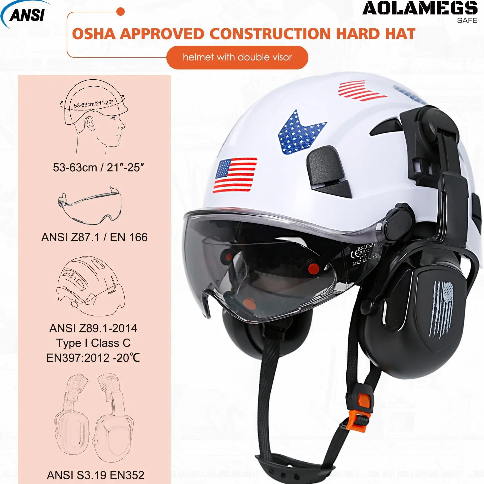Cascos De Construccion Wentylowany kask ochronny z przezroczystym wizjerem, homologacja OSHA, z paskiem podbródkowym, 6-punktowe zawieszenie