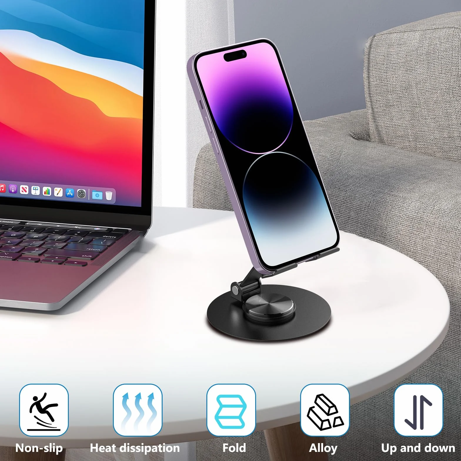 Stojak na telefon na biurko regulowany z obrotem 360° składany kompatybilny z telefonami i tabletami 10.2-20.3 cm