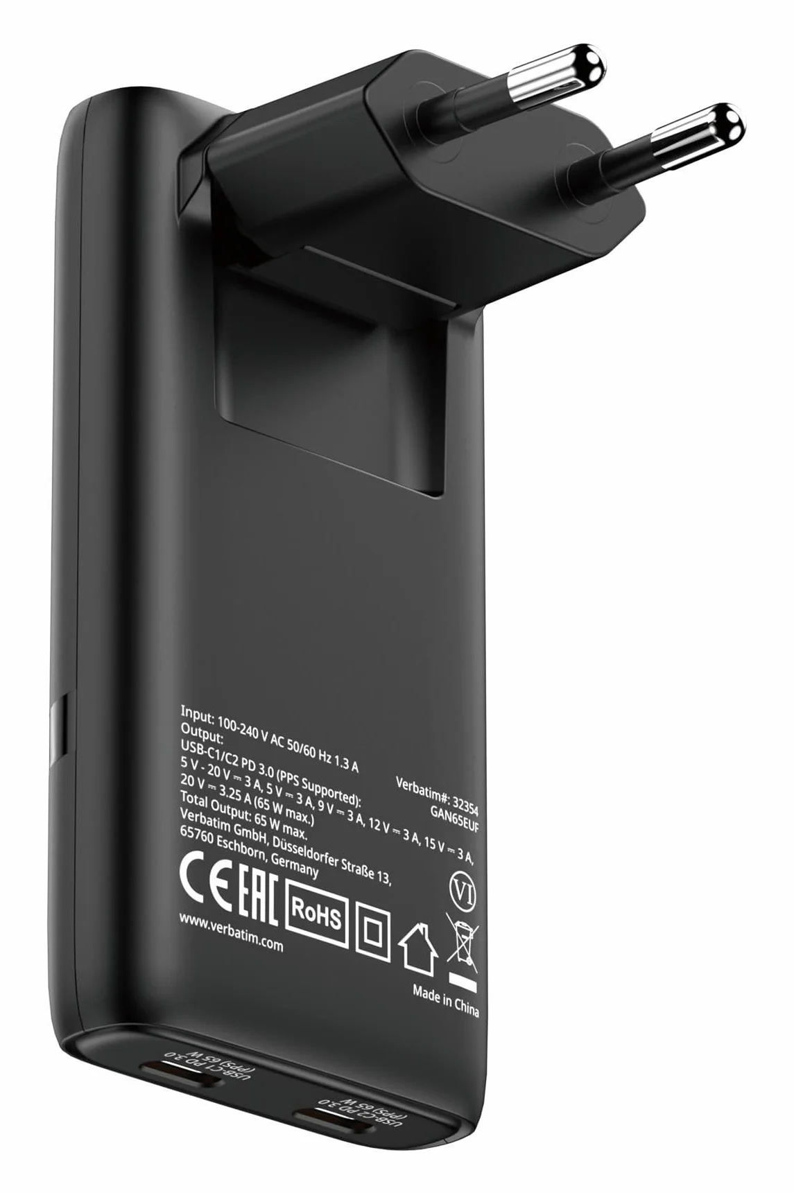 Verbatim Fold 'n' Go GaN Charger 65 W ładowarka USB-C PD3.0 składana do MacBook iPhone