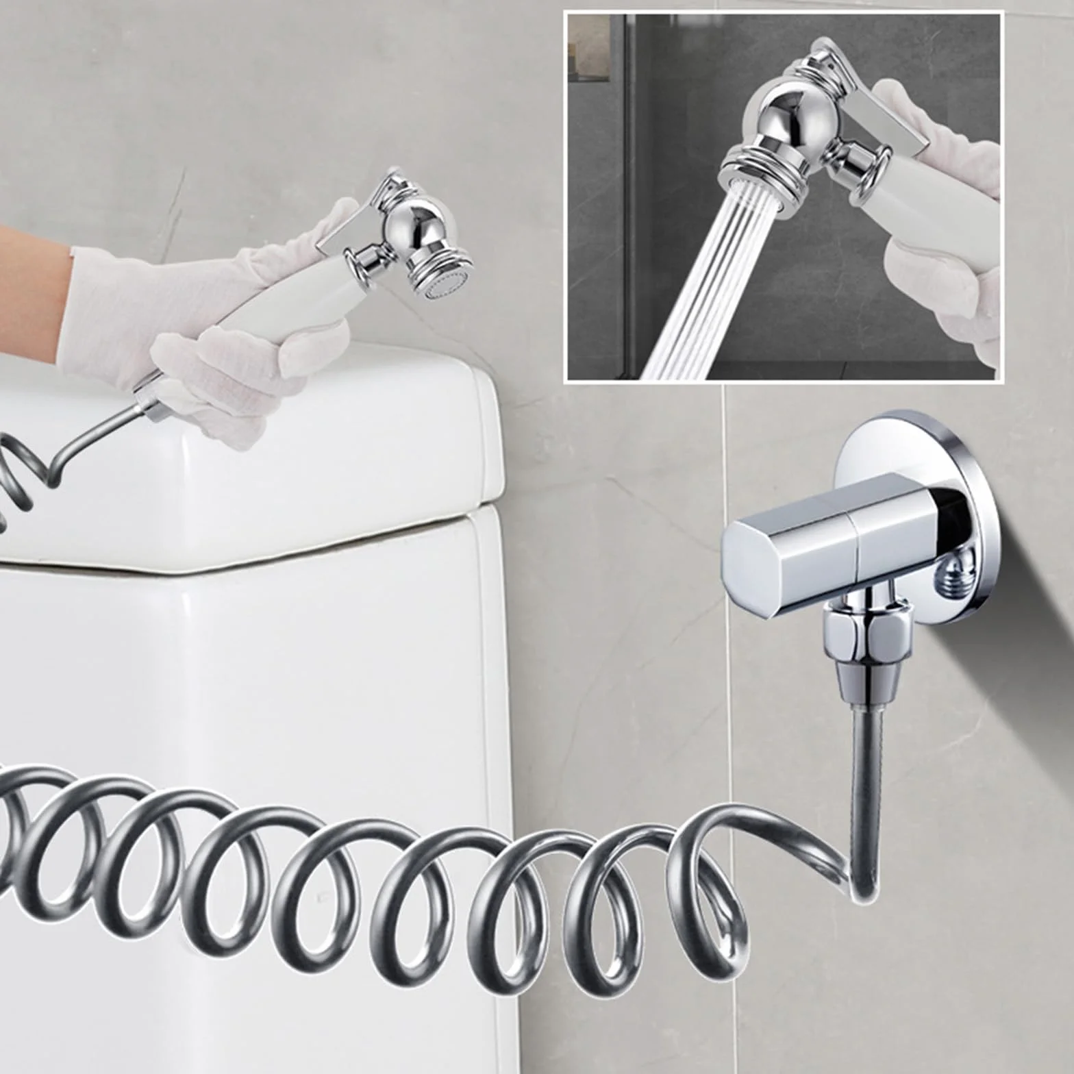 Bidet słuchawka prysznicowa do toalety, zestaw mosiężny z wężem 2,3 m, głowica natryskowa G1/2, montaż ścienny do czyszczenia łazienki, kolor biały + szary
