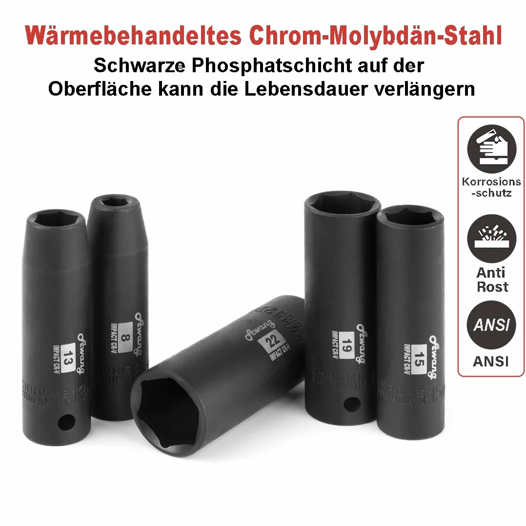 Awang Kraft zestaw nasadek do wkrętarki udarowej 1/2" 8-24 mm z 5, 10-calowym drążkiem przedłużającym, 1/4 Adatper 19 sztuk