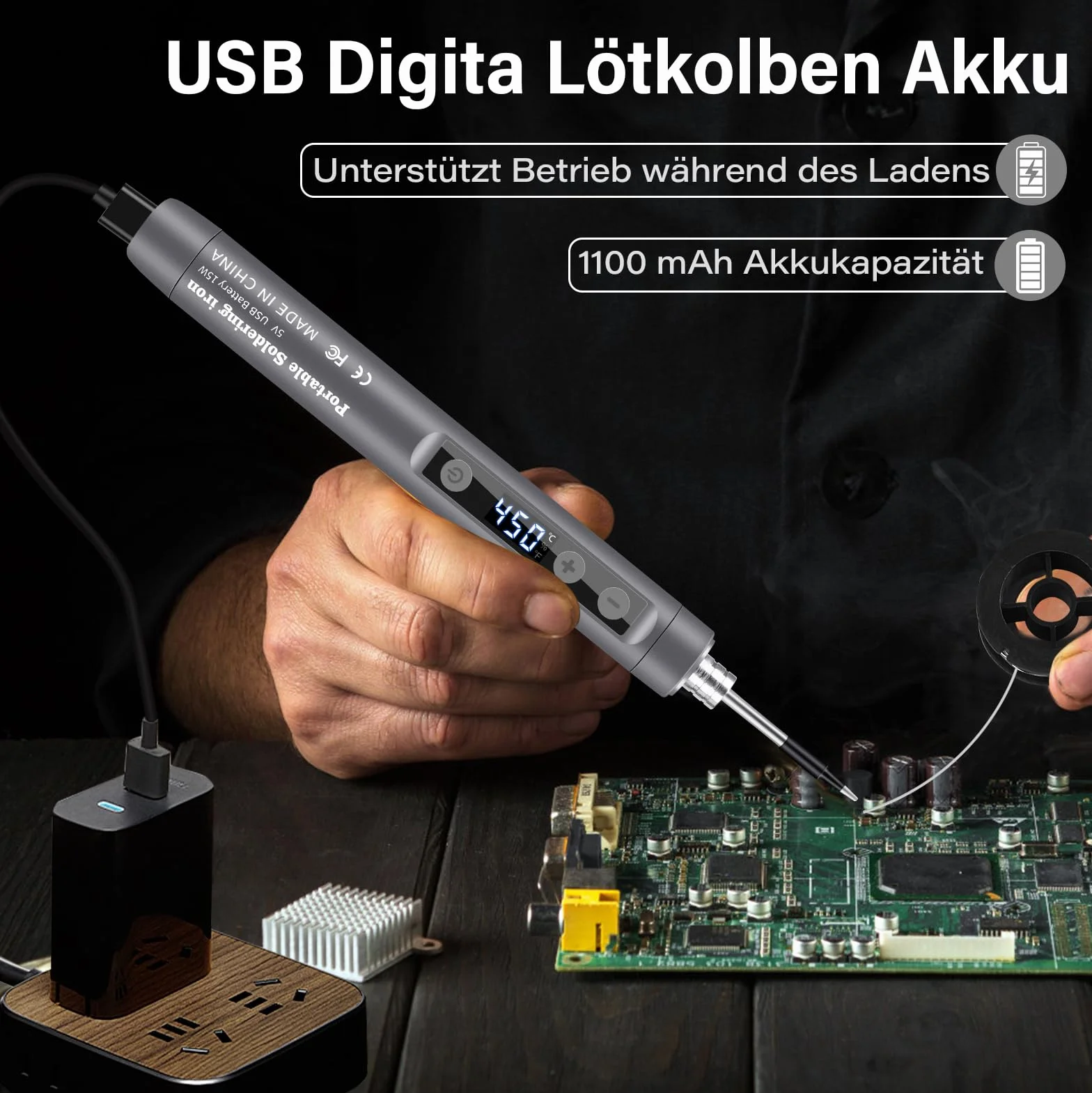 Bezprzewodowy przenośny zestaw lutownic ze stojakiem, lutownica USB z LCD, regulowana temperatura 180-450°C, 3 końcówki lutownicze, do naprawy płytek drukowanych, naprawy spawania, szara