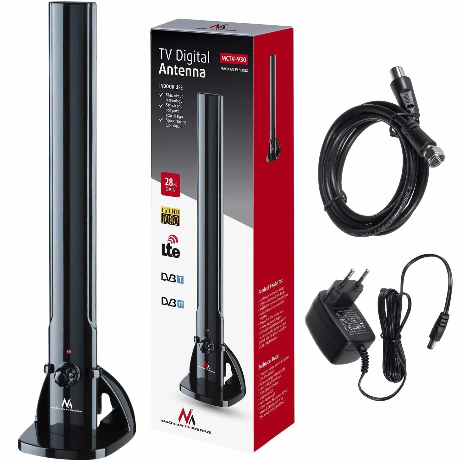 Maclean MCTV-930 antena pokojowa TV radio antena HDTV DVB-T2 DVB-T LTE DAB UKW 100dBµV wzmacniacz cyfrowy naziemny
