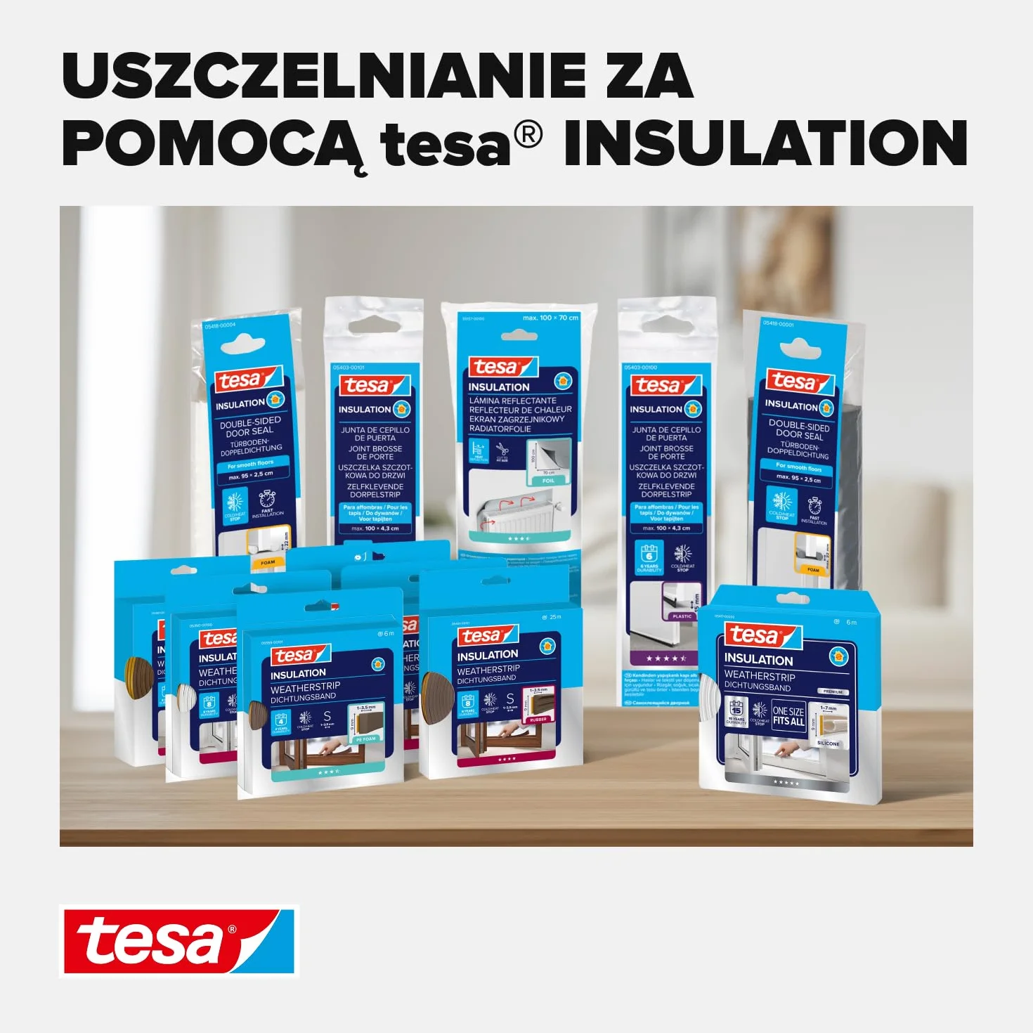 tesa INSULATION uszczelka do drzwi - samoprzylepna piankowa uszczelka dolna do drzwi - uszczelka do drzwi pokojowych chroniąca przed zimnem, przeciągami, kurzem i wilgocią - biała - 1 m x 38 mm