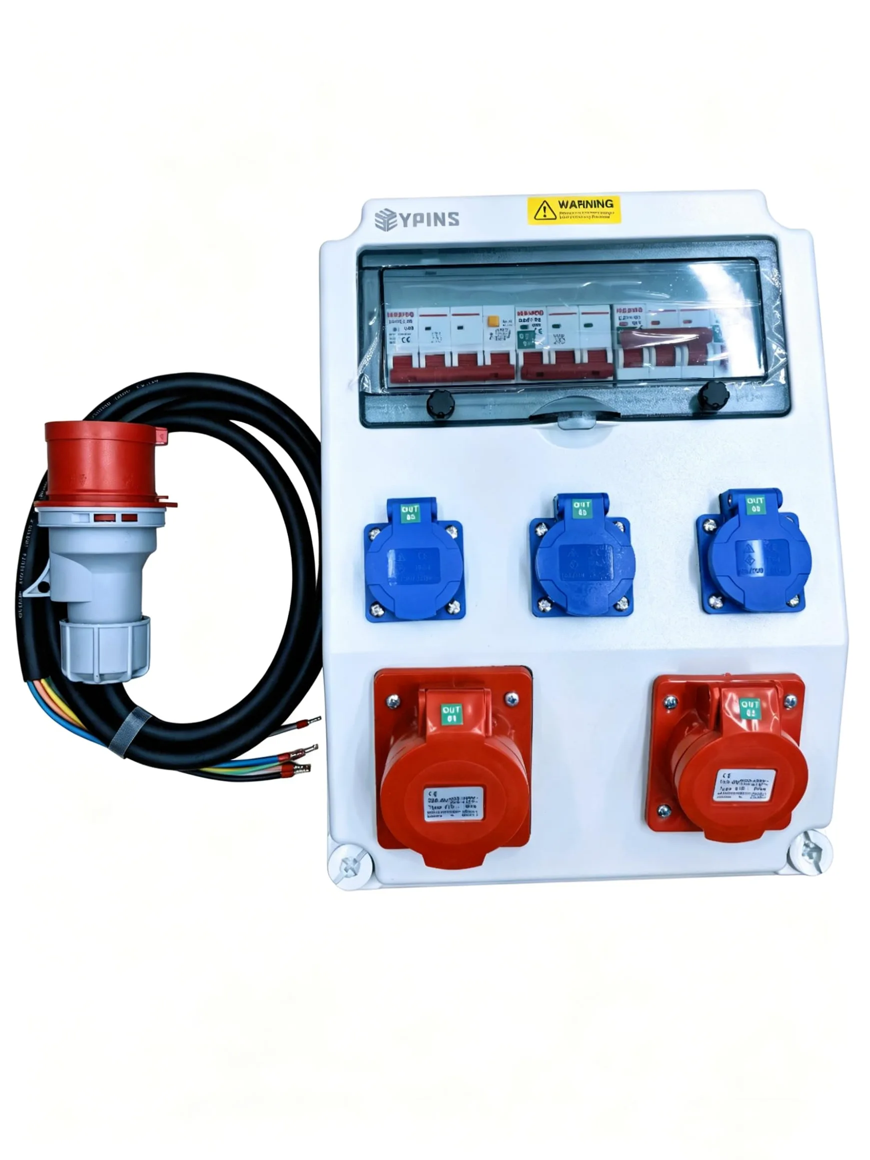 EYPINS Rozdzielacz prądu budowlanego z LS+FI, rozdzielacz ścienny 2 x 230 V Schuko, 2 x gniazda CEE 16 A/32 A 1 x 32 A wtyczka CEE, wodoszczelny, trudnopalny rozdzielacz ABS, do warsztatów