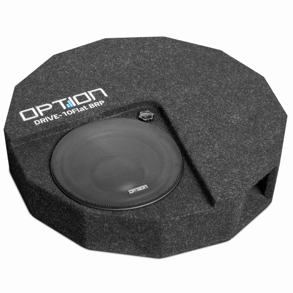 Option DRIVE10FLAT-BRP-D2 - pasywny subwoofer z kółkiem zapasowym 25 cm (300 W RMS) z podwójną cewką oscylacyjną 2 x 2 omy - płaski subwoofer o wysokości 13 cm