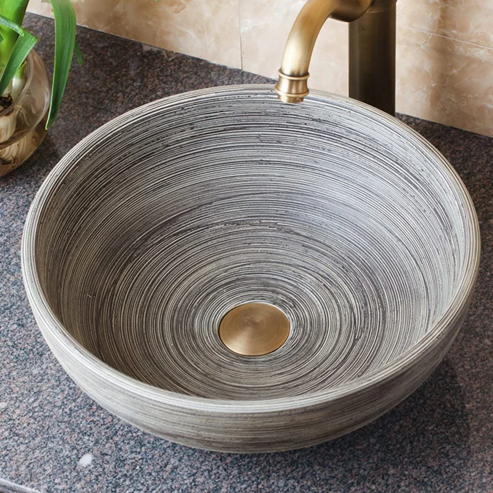 Ceramiczna Umywalka Nablatowa, Okrągła Umywalka, Artystyczna Umywalka Łazienkowa, Retro Umywalka Nablatowa, Szczotkowana Wewnątrz I Na Zewnątrz, Trwała, 41 X 41 X 15 Cm