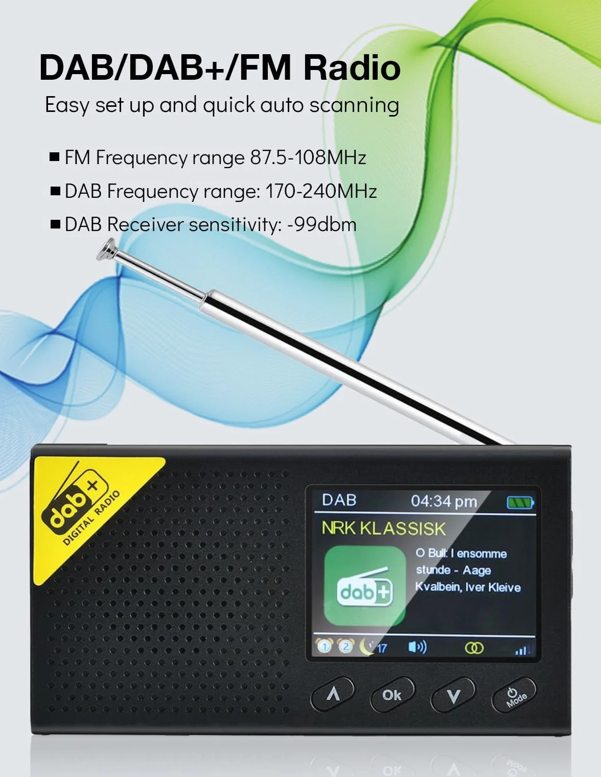 Radio DAB+ Bluetooth przenośne z budzikiem, wyłącznikiem czasowym, 40 stacji, 2,4" wyświetlacz
