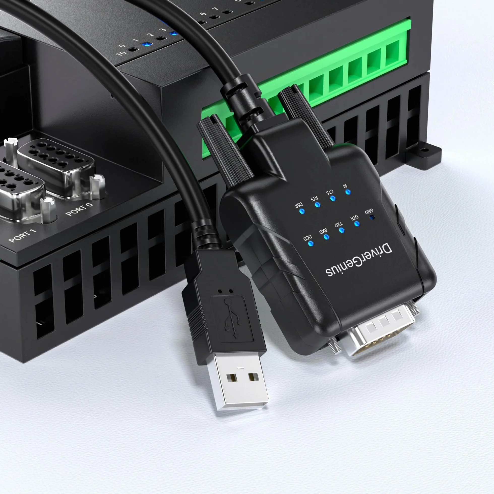 DriverGenius SerialPulseX Adapter USB na RS232 DB9 z Diodami LED do Programowania PLC Robotyki Zbierania Danych Windows 11 macOS