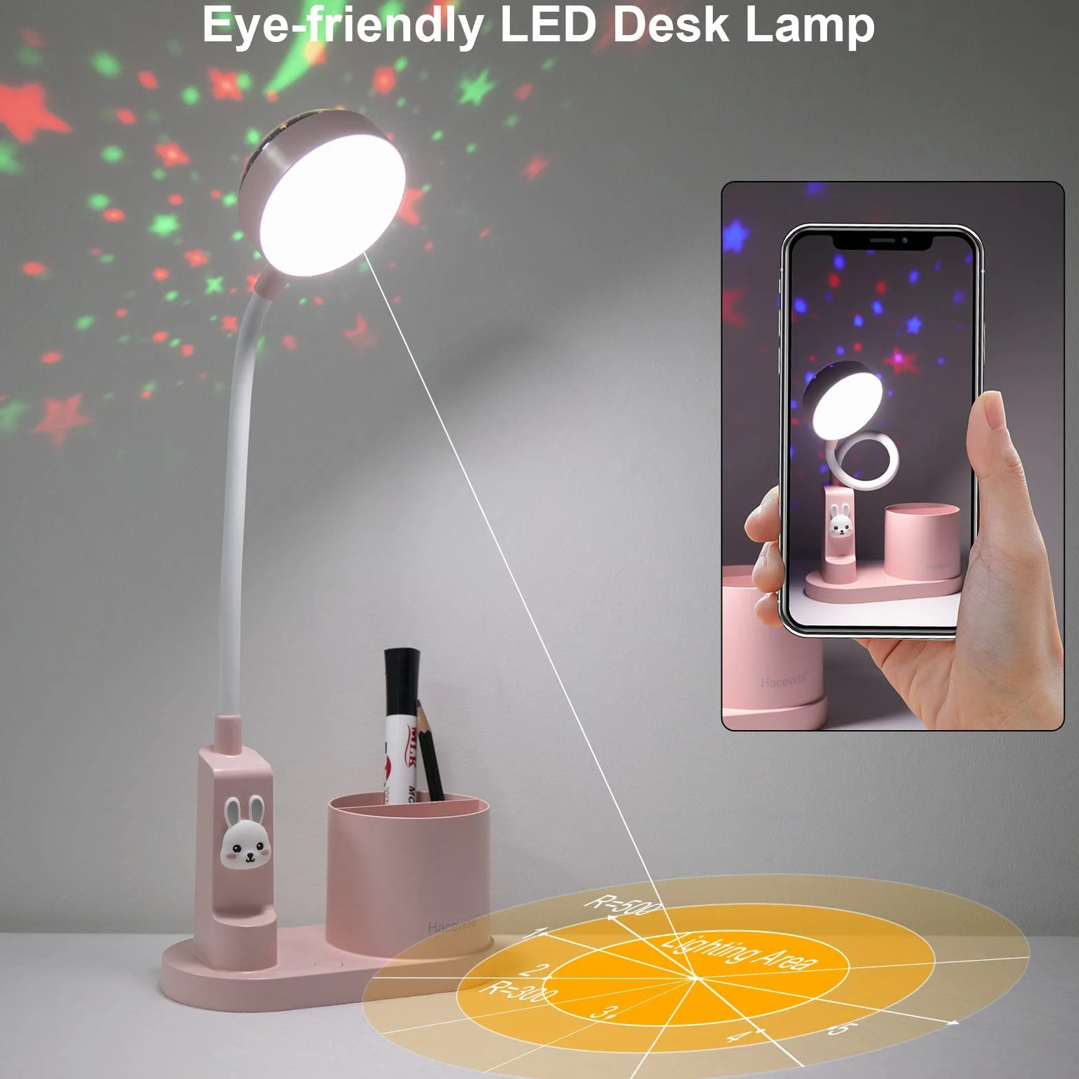 Lampka biurkowa dla dzieci, nocna z uchwytem na długopis, LED, Kawaii, zmiana koloru automatyczna, przyciemniona do czytania