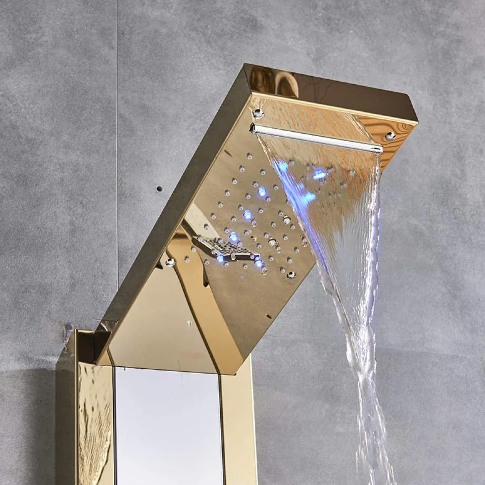 Zestaw prysznicowy ze stali nierdzewnej, bateria LED, termostatyczny panel prysznicowy, wielofunkcyjny, 6 wylotów wody, dysza i bidet, bateria prysznicowa, tytanowe złoto (tytanowe złoto)