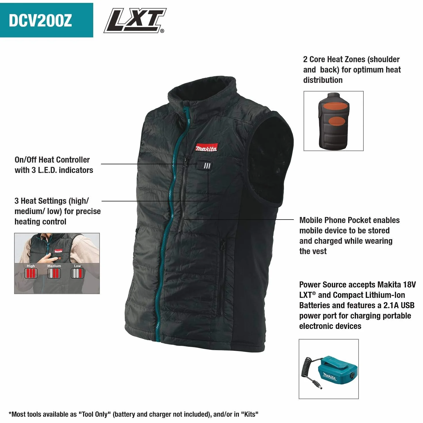 Makita DCV202Z2XL Podgrzewana kamizelka litowo-jonowa LXT 14,4 V do 18 V — brak baterii i ładowarki, XXL