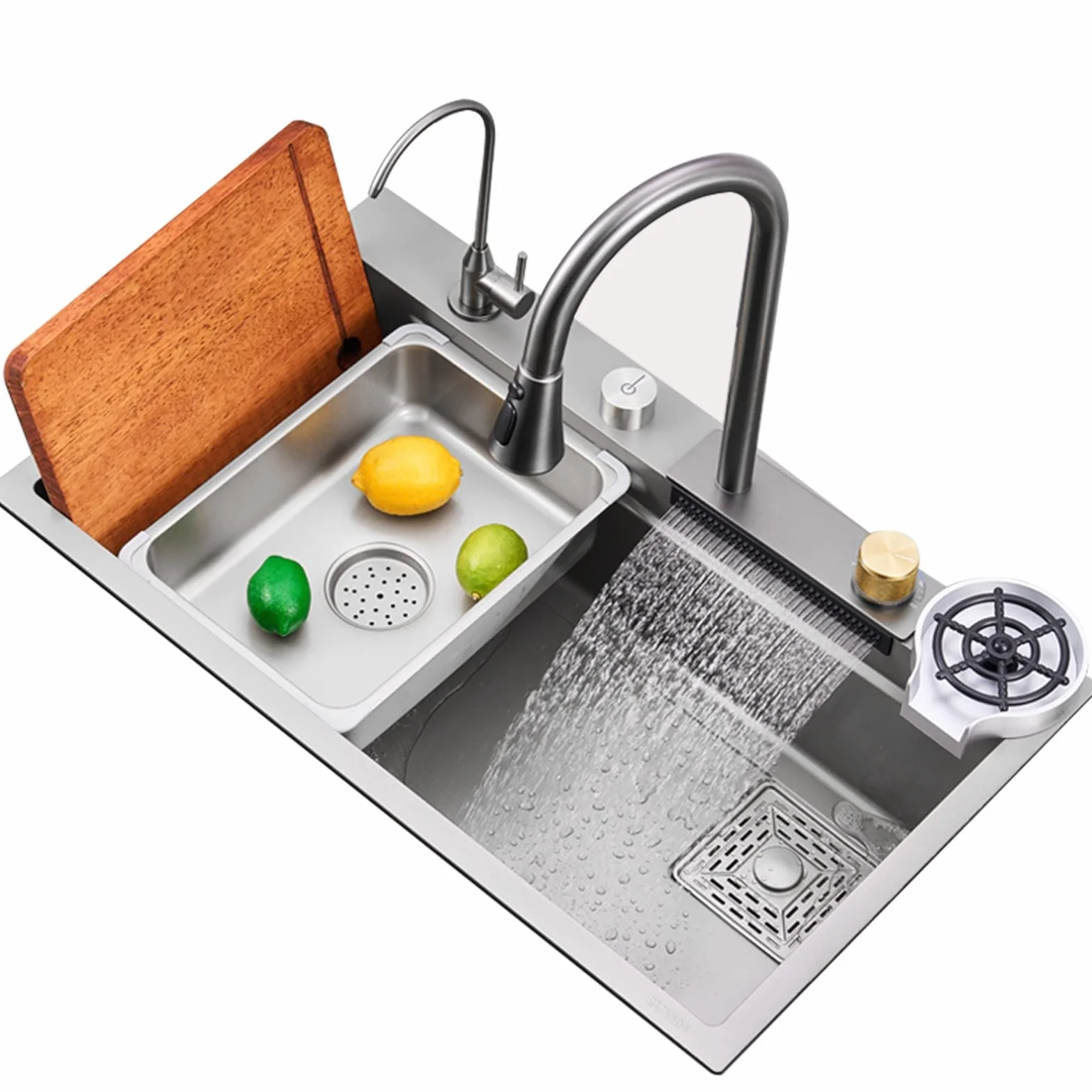 Zestaw Zlewozmywaka Kuchennego Typu Wodospad, Wpuszczanego W Blat Lub Pod Blat, Z Umywalką W Umywalce I Obrotową Konsolą,Silver-80x45CM