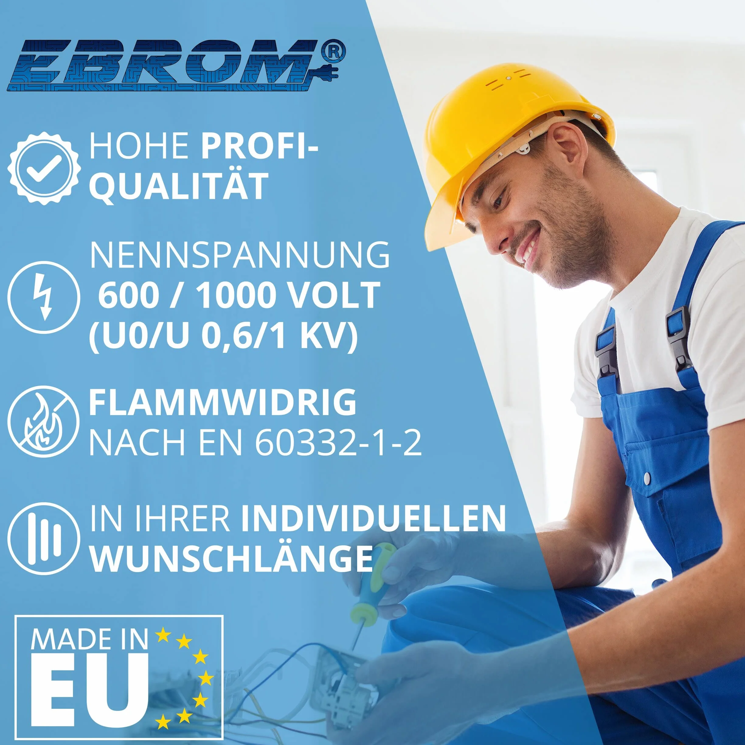 EBROM Kabel zasilający NYY-J 3 x 4 mm² – kabel ziemny – NYY-J 3 x 4 mm² – czarny – towar sprzedawany na metry z dokładnością do metra: wybór w odstępach 5 m, od 5 metrów – 3 x 4 mm² – długość: 30