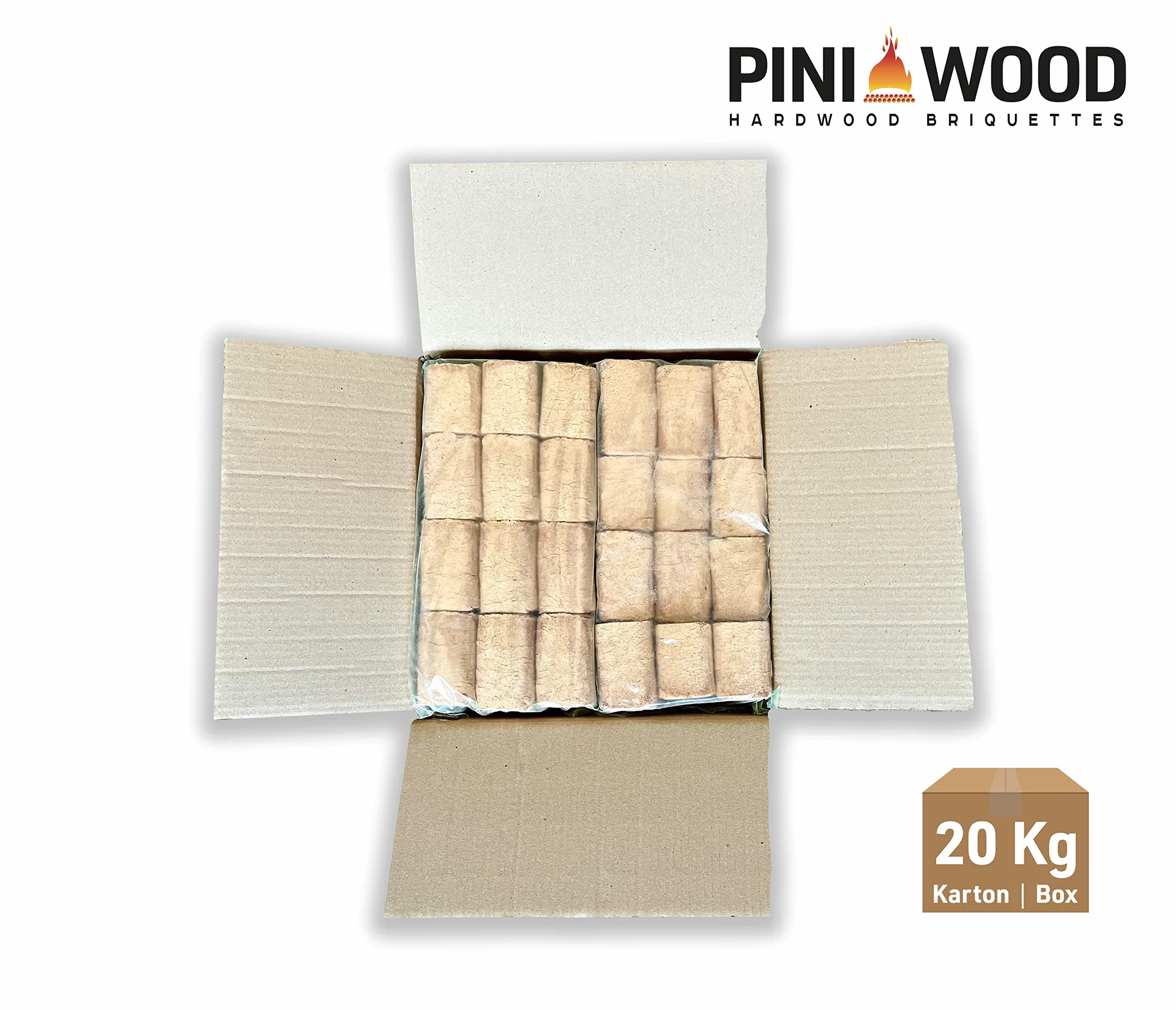 PINI Brykiet drewniany, 100% buk, brykiet z twardego drewna, RUF, kominek, piec, grill, palenisko, drewno opałowe, 20 kg