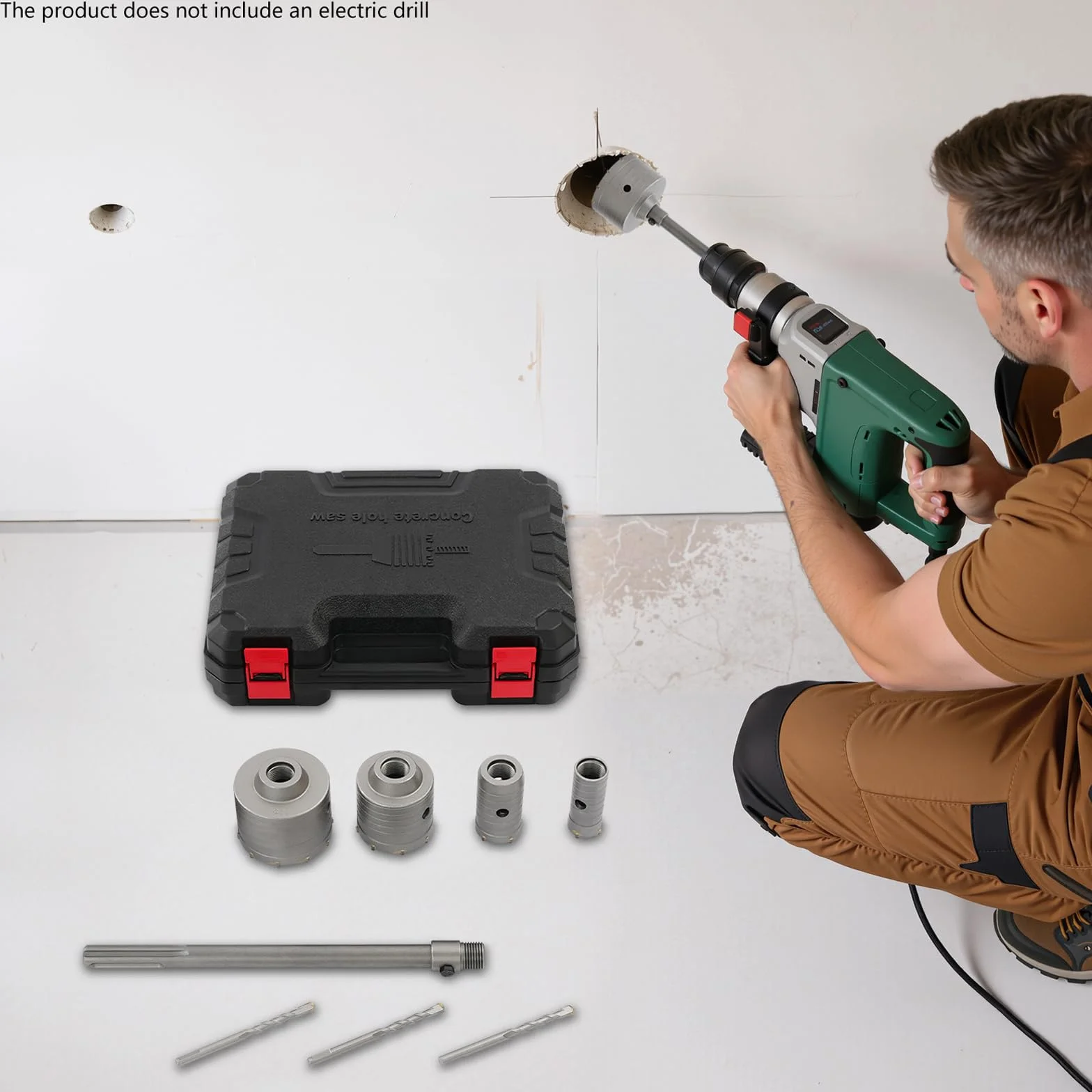 Zestaw wierteł do otworów – Ø 30/40/68/80/100 mm + Ø 8 x 110 mm wiertło centrujące + trzpień SDS Plus i Max 300 mm, w walizce na narzędzia, wiertło ścienne do betonu, do cegły, gliny, pianki i ścian