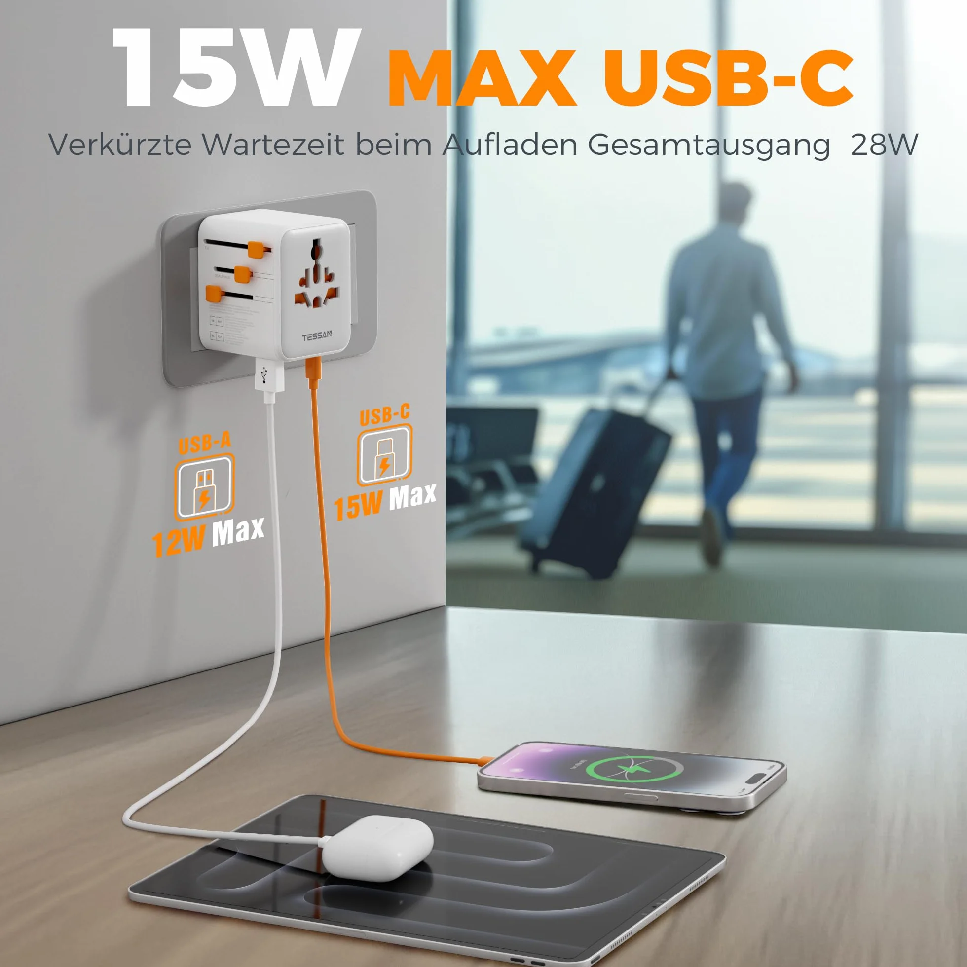TESSAN Uniwersalny Adapter Wtyczki z 3 USB C i 2 USB A, 2500 W, Podróżny dla USA Tajlandia Japonia Wielka Brytania Brazylia Australia Hiszpania Malezja Indie