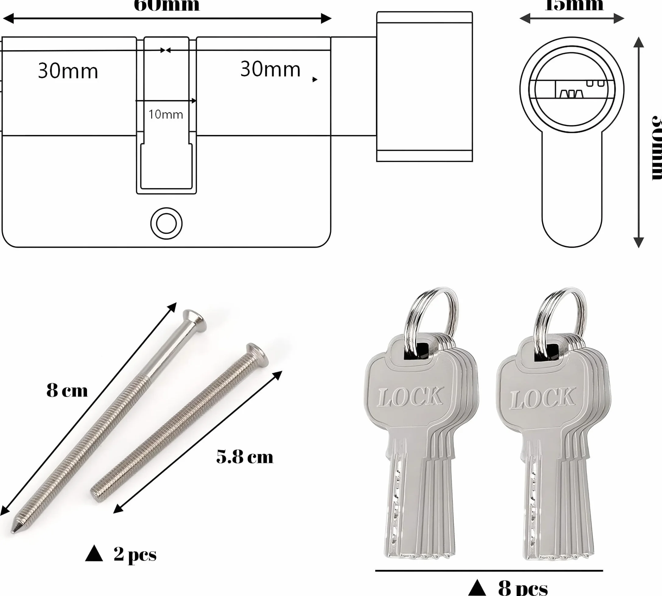 Hengsong Profilowany cylinder z gałką cylinder zamykający 30/30 metalowy srebrny cylinder gałkowy, w zestawie 8 kluczy