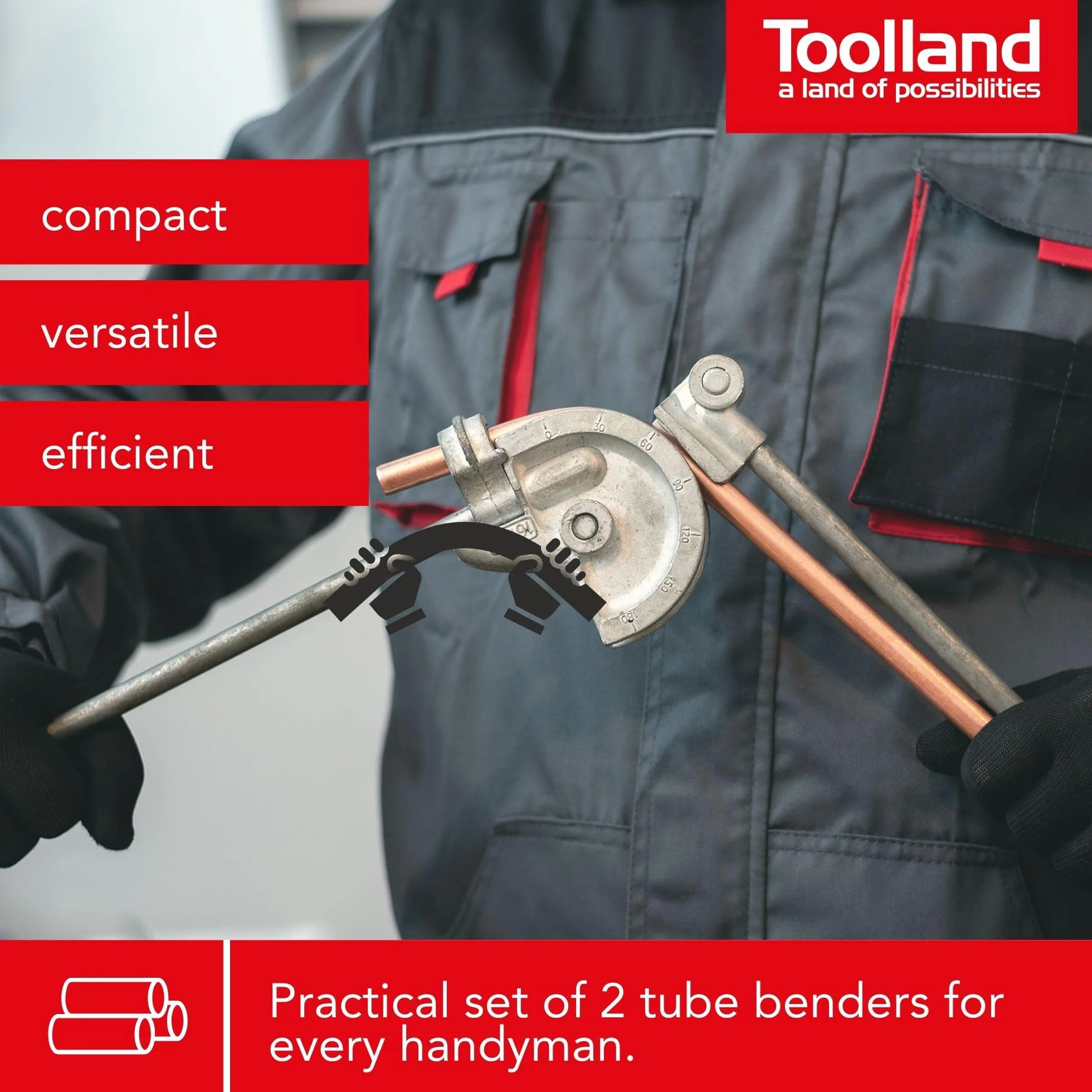 Toolland Szczypce do gięcia, 2 sztuki, do gięcia miękkich rur miedzianych o Ø 12-16 mm, rolka dzielona od 0° do 180°