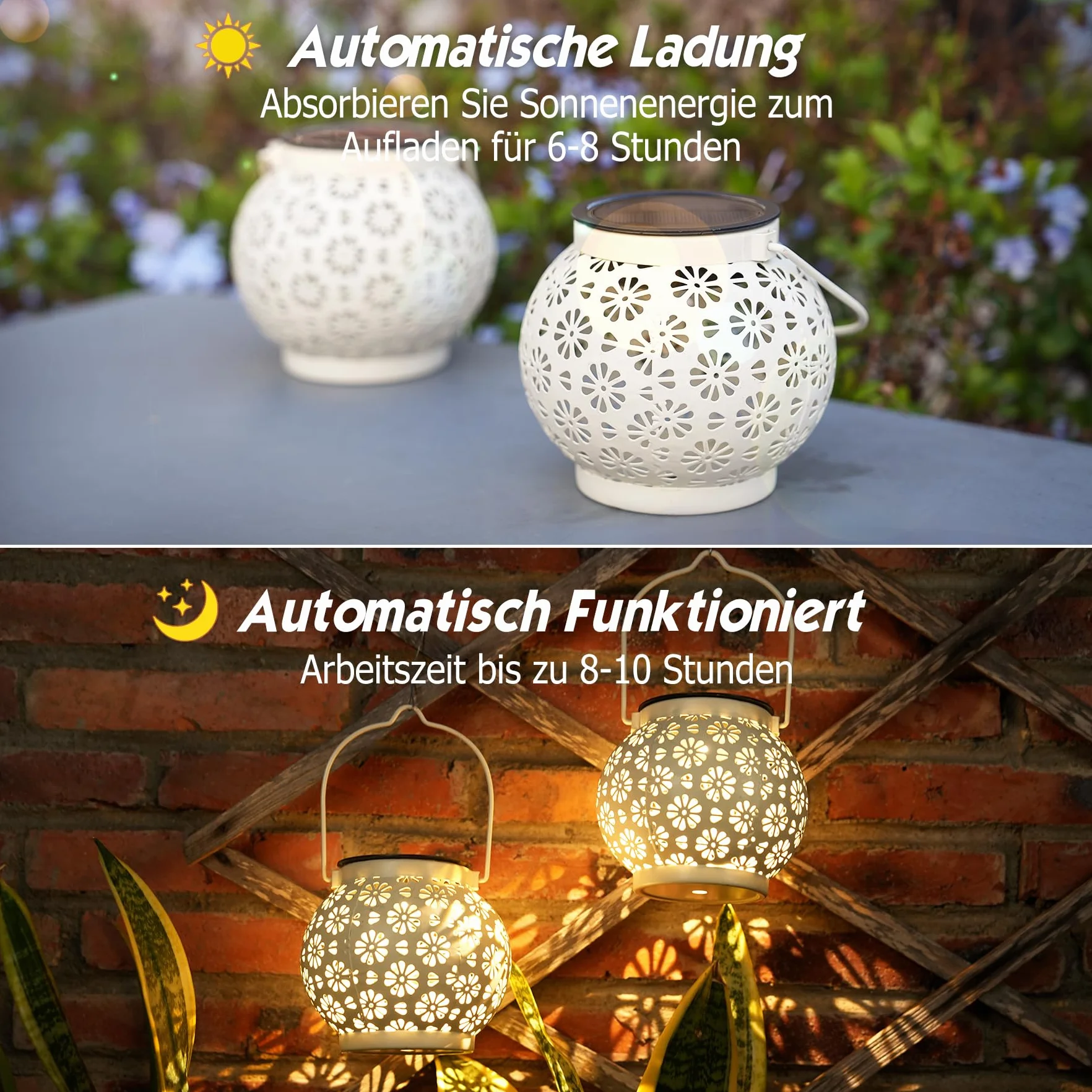 JOYCREATOR Latarnie solarne, 2 sztuki, wodoszczelne metalowe diody LED IP65, żywotność 10 h, do zawieszenia na zewnątrz, dekoracji ogrodu, werandy, stołu, balkonu, tarasu
