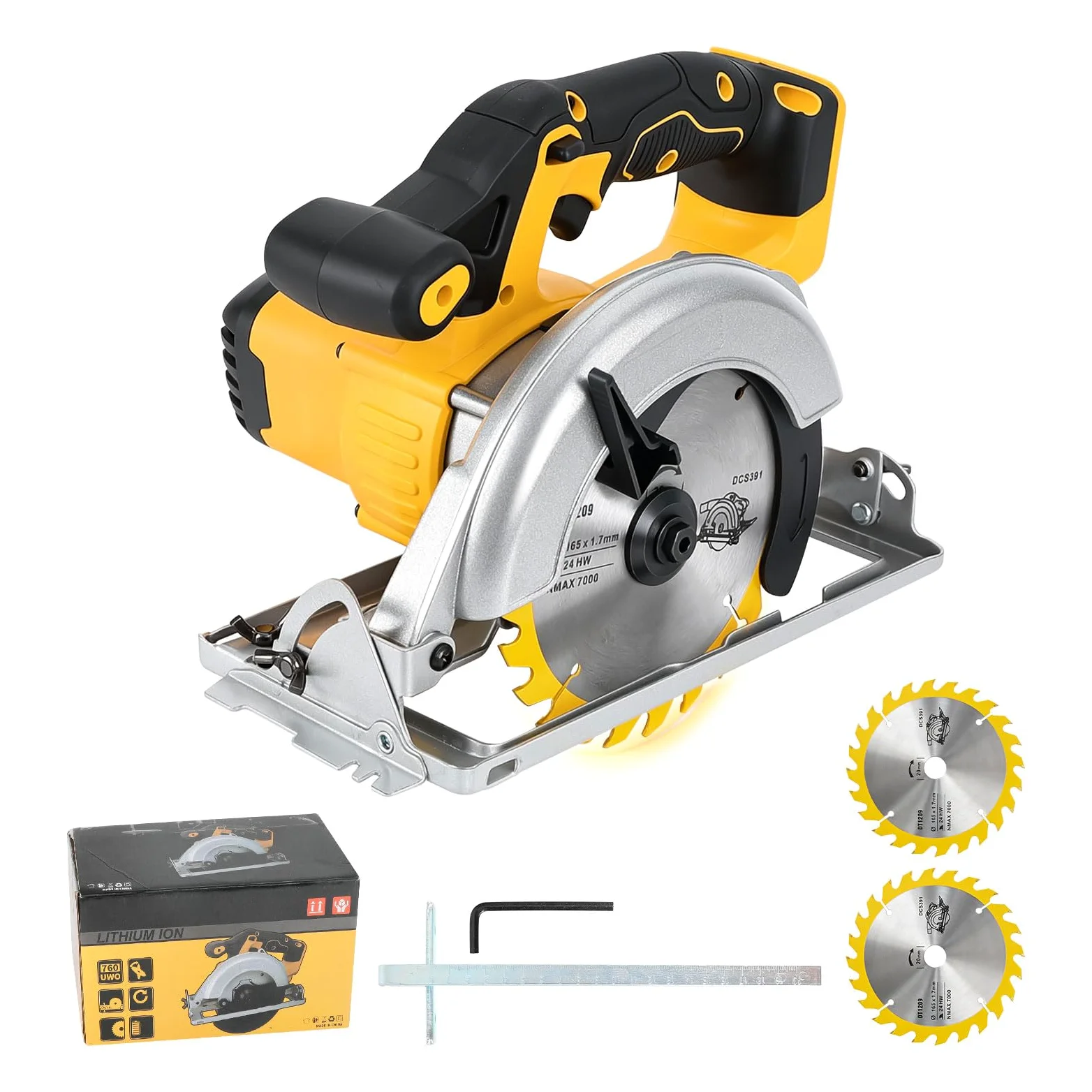 Bezprzewodowa piła tarczowa 16,5 cm kompatybilna z akumulatorem DEWALT 18-20 V (bez baterii), bezszczotkowa piła tarczowa 3800 obr./min z 2 brzeszczotkami, kąt cięcia 0-45° do cięcia płytek