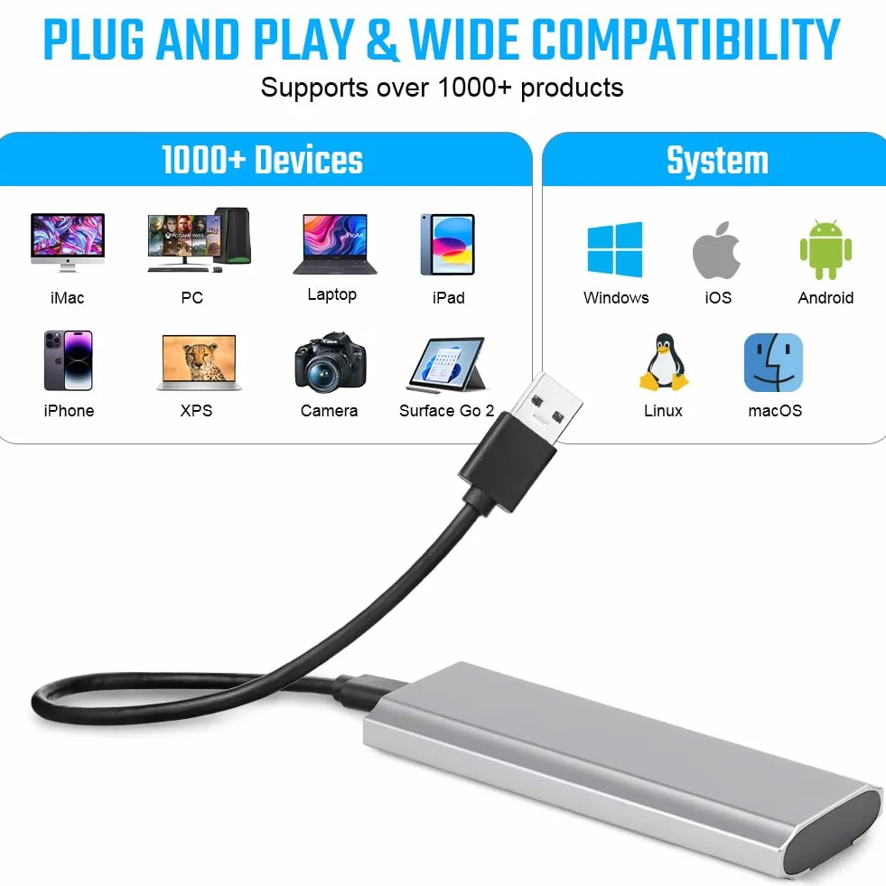 AXFEE Obudowa dysku SSD M.2 NVME, obudowa USB 3.2 Gen 2 NVMe, aluminiowe, beznarzędziowe obudowy zewnętrzne, adapter USB C NVMES 10 Gb/s, obsługa UASP i TRIM do kluczy M i M+B w dyskach SSD 2230/2242