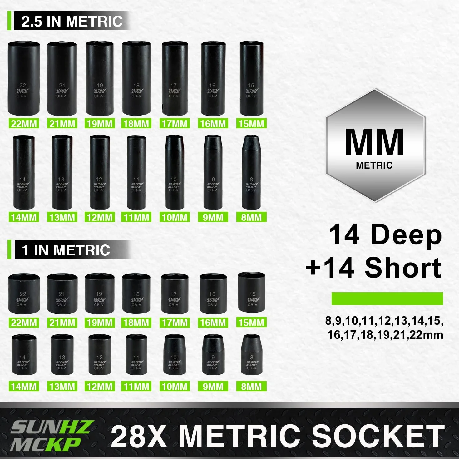 SUNHZMCKP Zestaw nasadek udarowych 3/20.3 cm, 52-częściowy standardowy SAE (5/16-3/10.2 cm) i metryczne (8-22 mm) płytkie i głębokie gniazda, z regulowanym uchwytem z grzechotką, przedłużaczami,